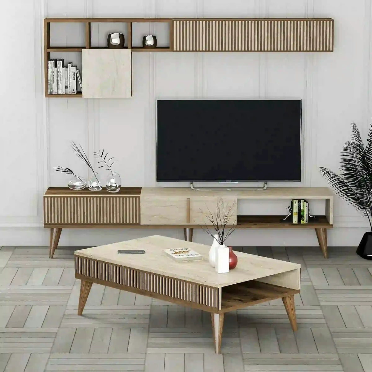 Mobilier living MILAN, efect de piatra travertin/nuc, PAL melaminat, 3 piese
