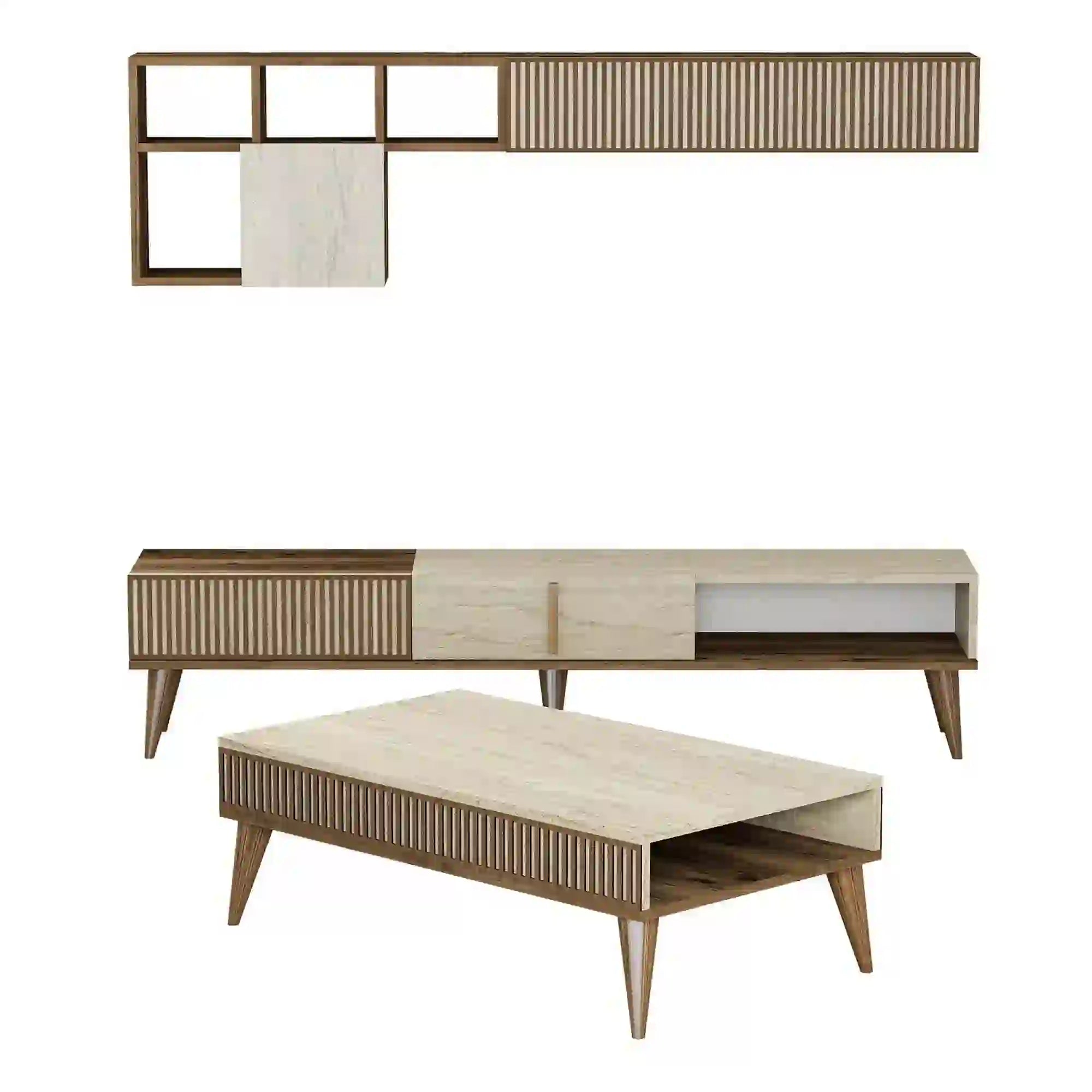 Mobilier living MILAN, efect de piatra travertin/nuc, PAL melaminat, 3 piese