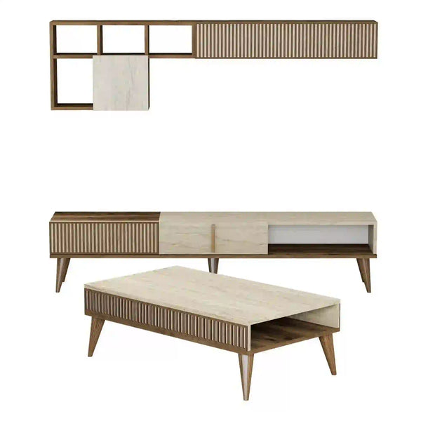 Mobilier living MILAN, efect de piatra travertin/nuc, PAL melaminat, 3 piese