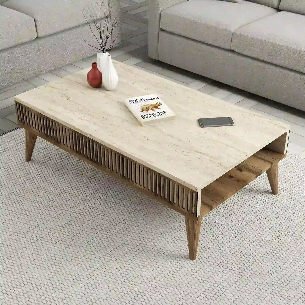 Mobilier living MILAN, efect de piatra travertin/nuc, PAL melaminat, 3 piese