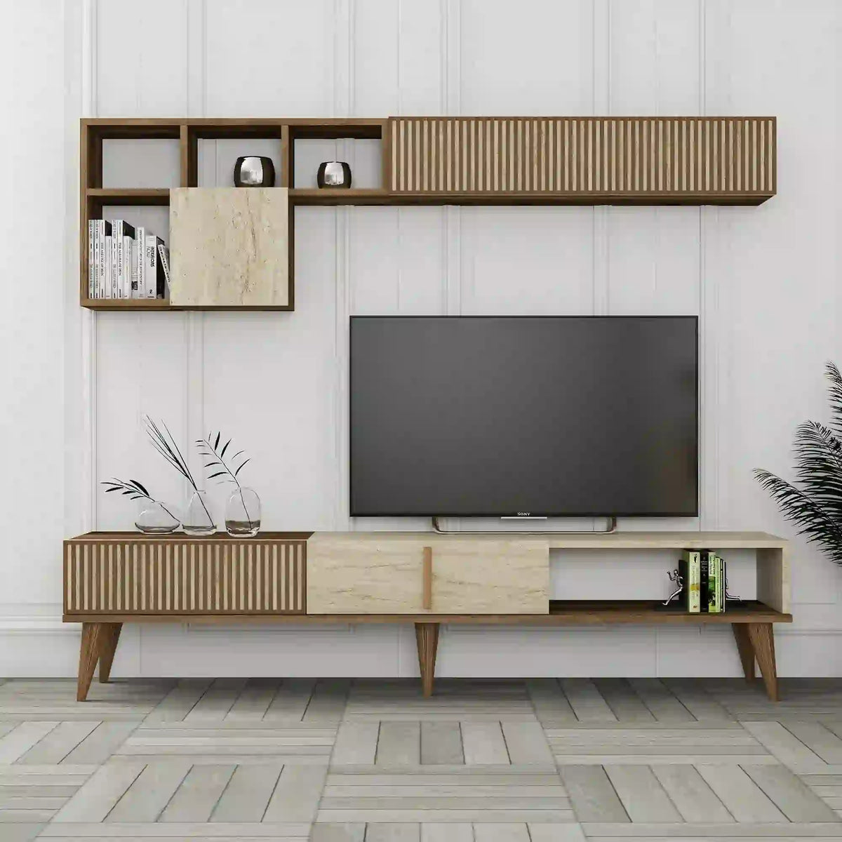 Mobilier living MILAN, efect de piatra travertin/nuc, PAL melaminat, 3 piese