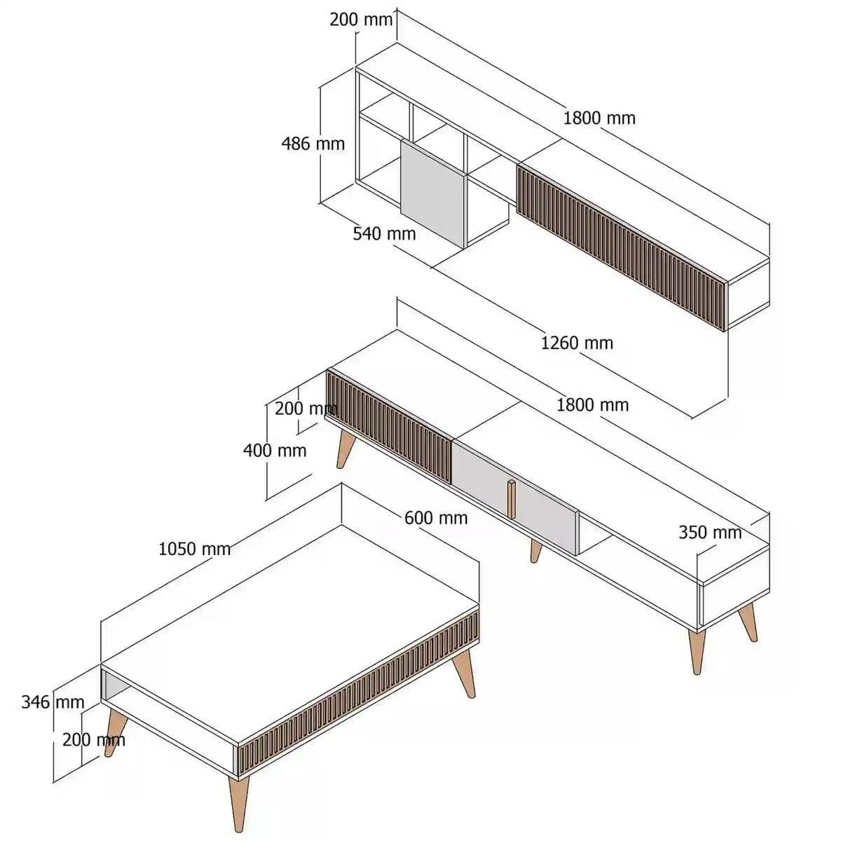 Mobilier living MILAN, efect de piatra travertin/nuc, PAL melaminat, 3 piese