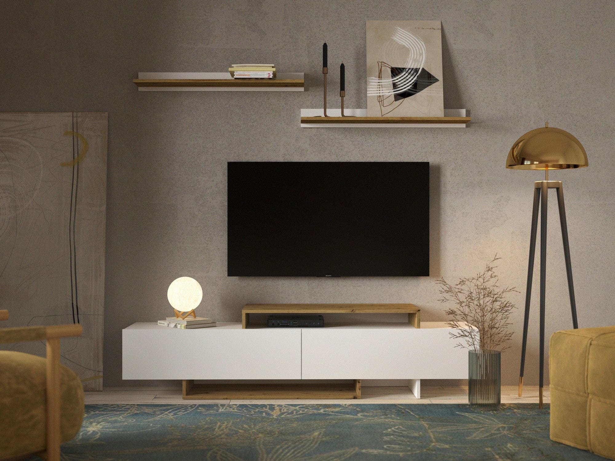 Mobilier living MILANA, pin alb/stejar, PAL, 180x37x180 cm