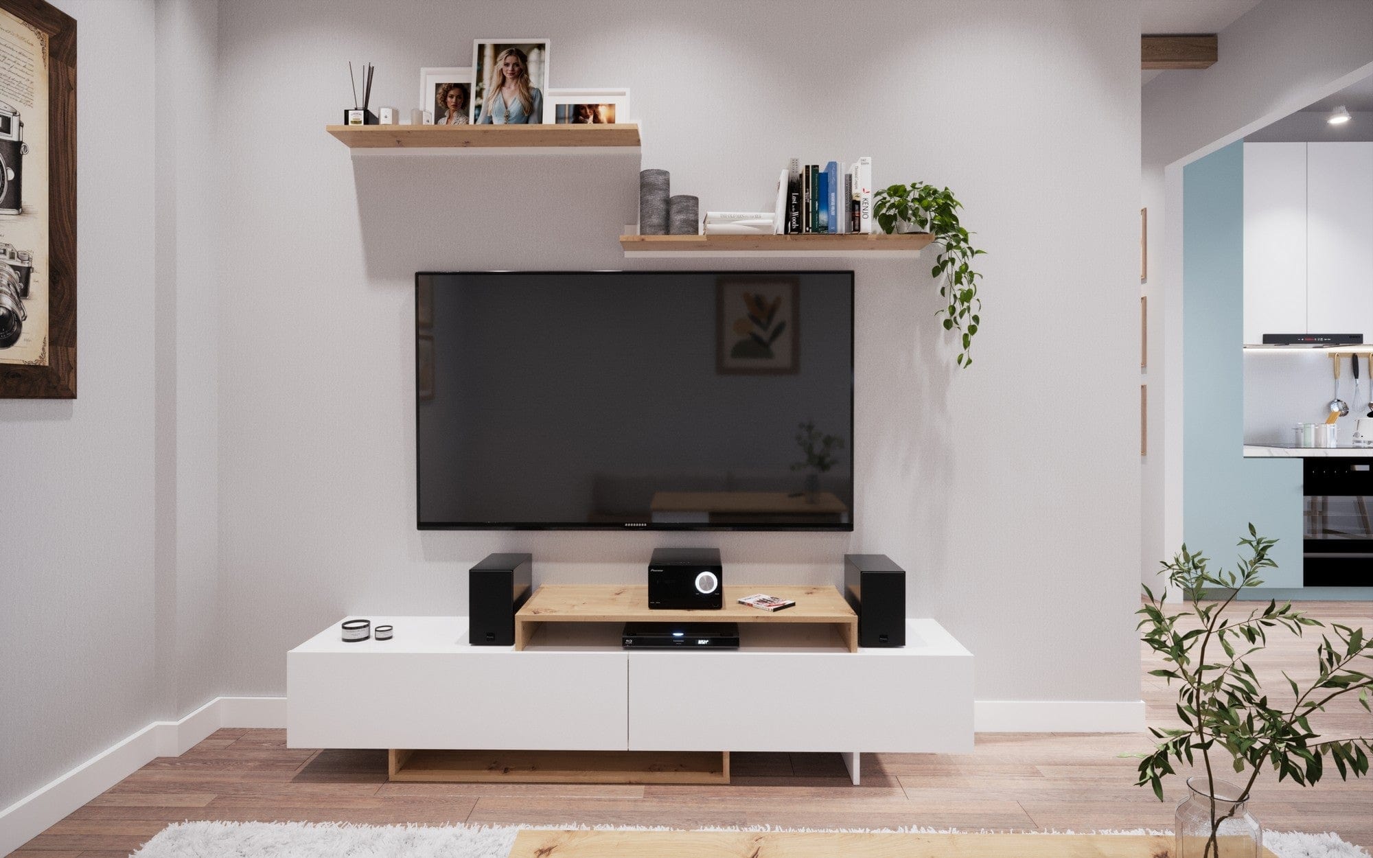 Mobilier living MILANA, pin alb/stejar, PAL, 180x37x180 cm
