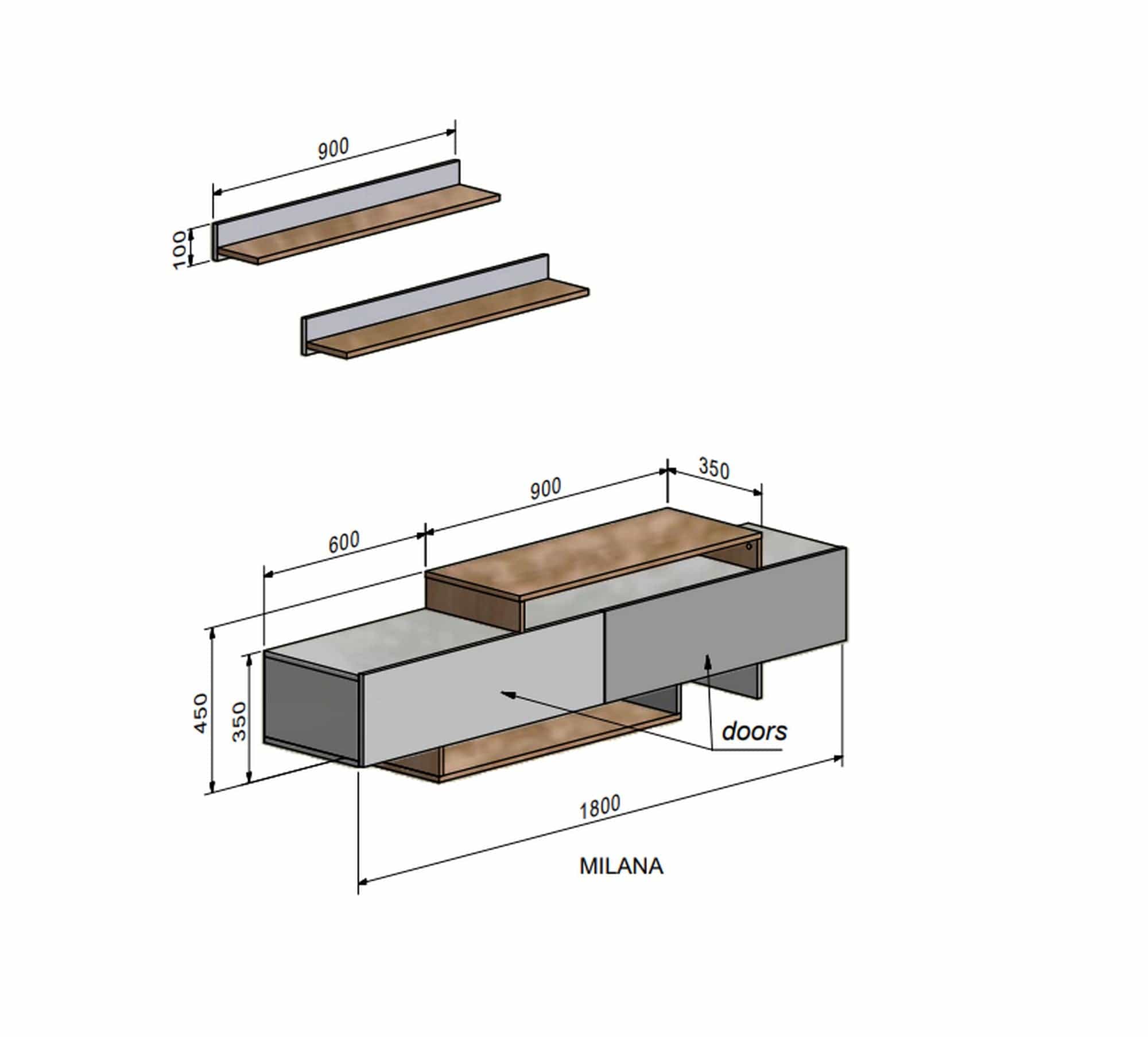 Mobilier living MILANA, pin alb/stejar, PAL, 180x37x180 cm