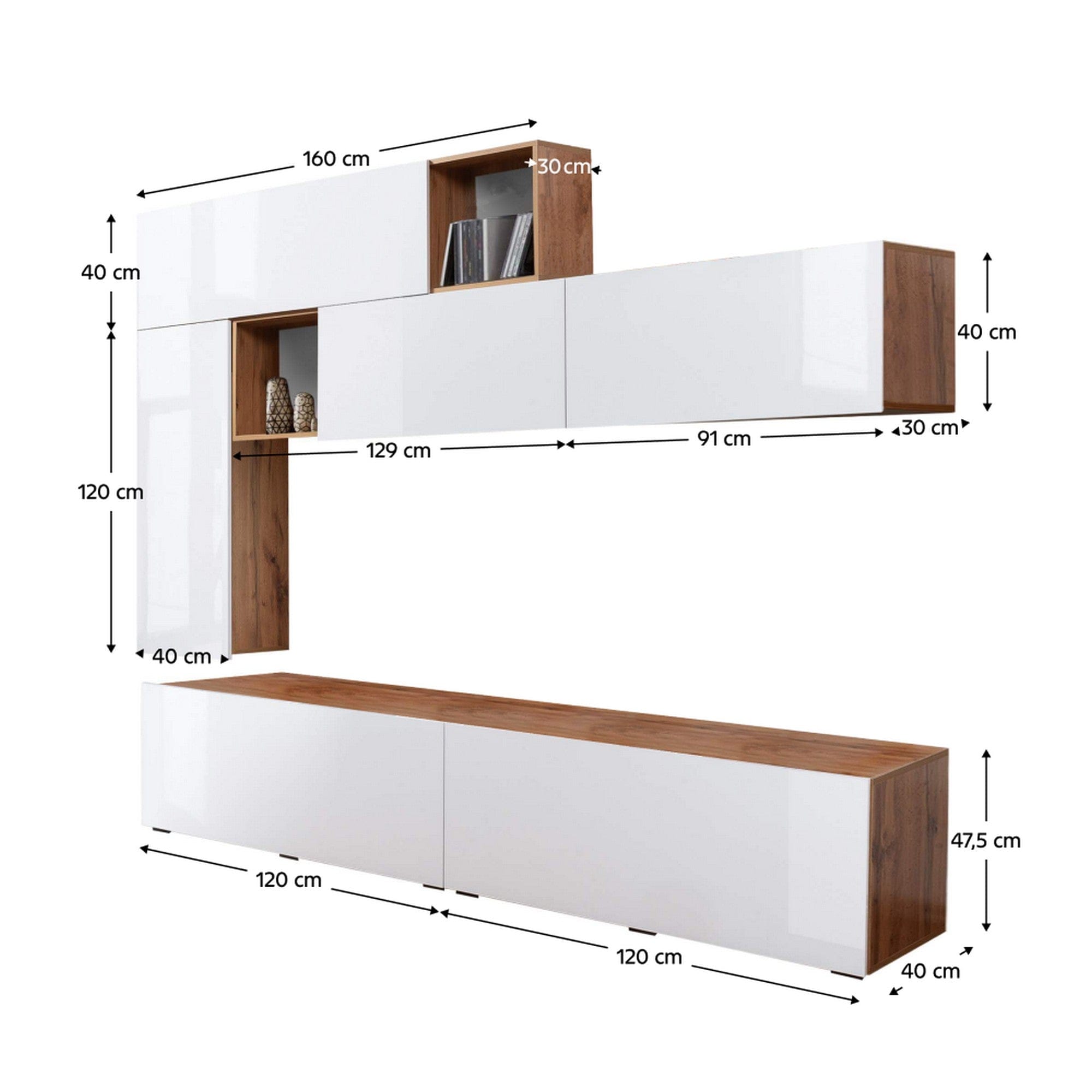 Mobilier living MIRALDA, stejar wotan/alb lucios, PAL melaminat, 3 piese