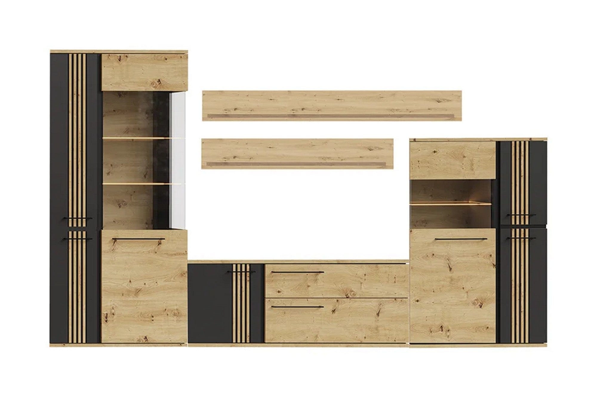 Mobilier living MOLTO A, stejar artisan/negru, PAL/sticla, cu iluminare LED, 5 piese, 336x37x195 cm