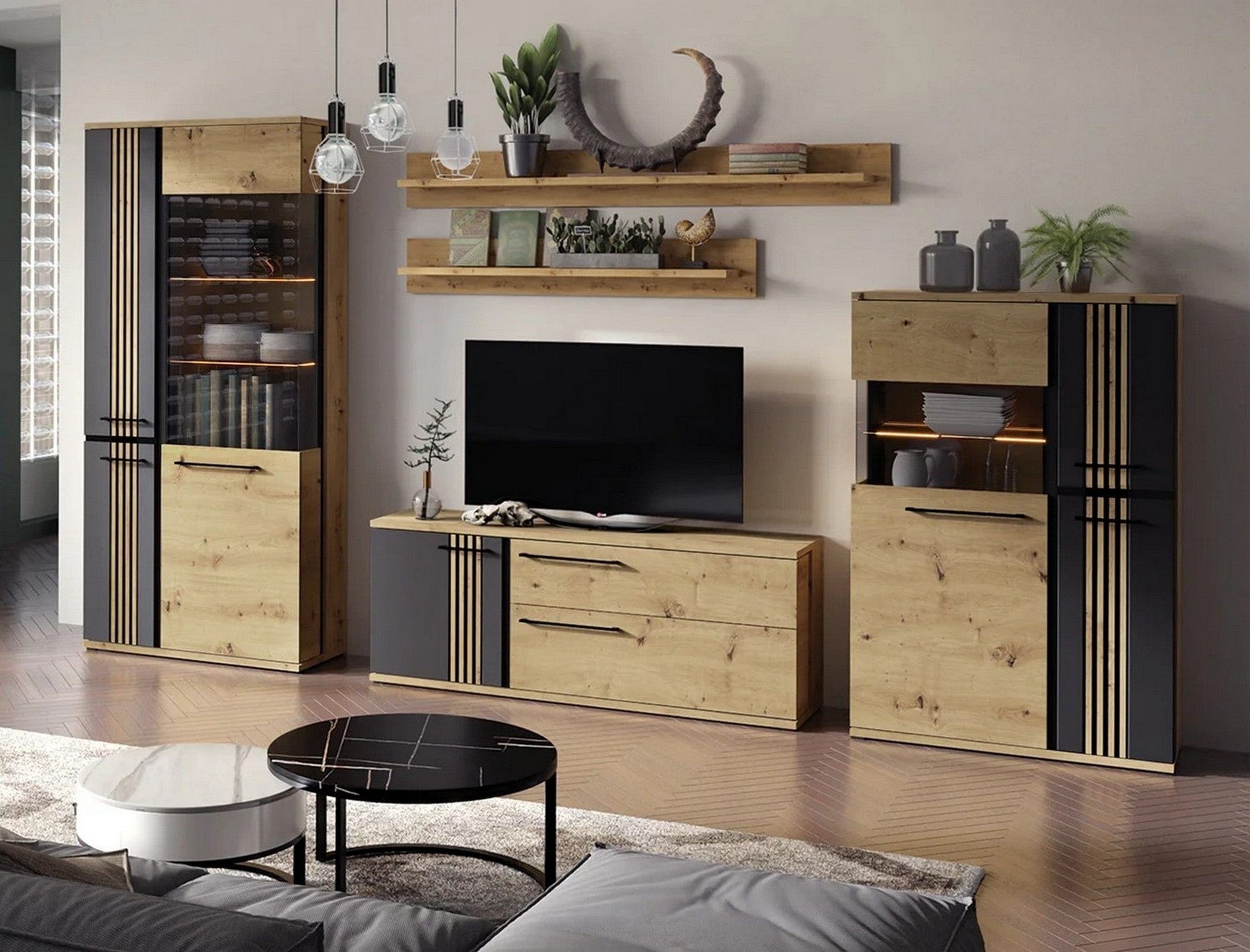 Mobilier living MOLTO A, stejar artisan/negru, PAL/sticla, cu iluminare LED, 5 piese, 336x37x195 cm