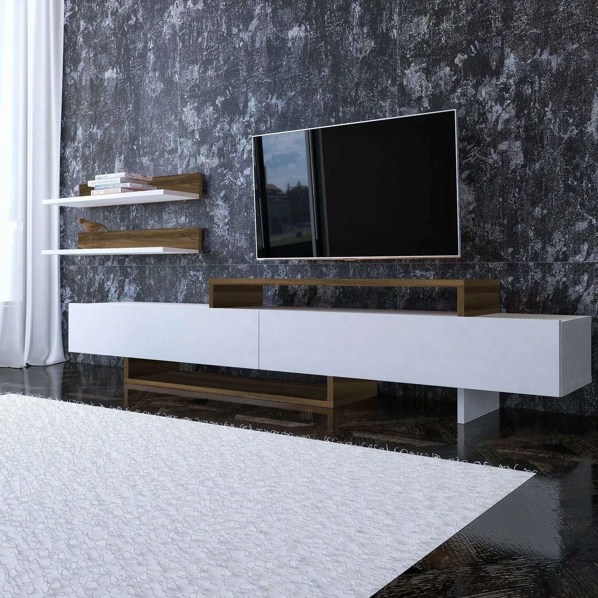Mobilier living NIRVANA, alb/stejar inchis, PAL melaminat, 3 piese