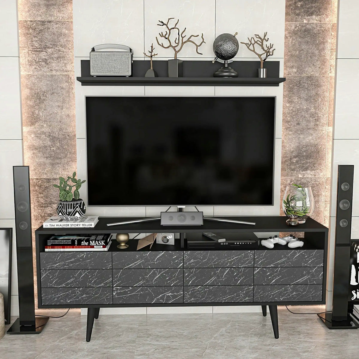 Mobilier living OLA, negru cu efect de marmura, PAL melaminat, 2 piese