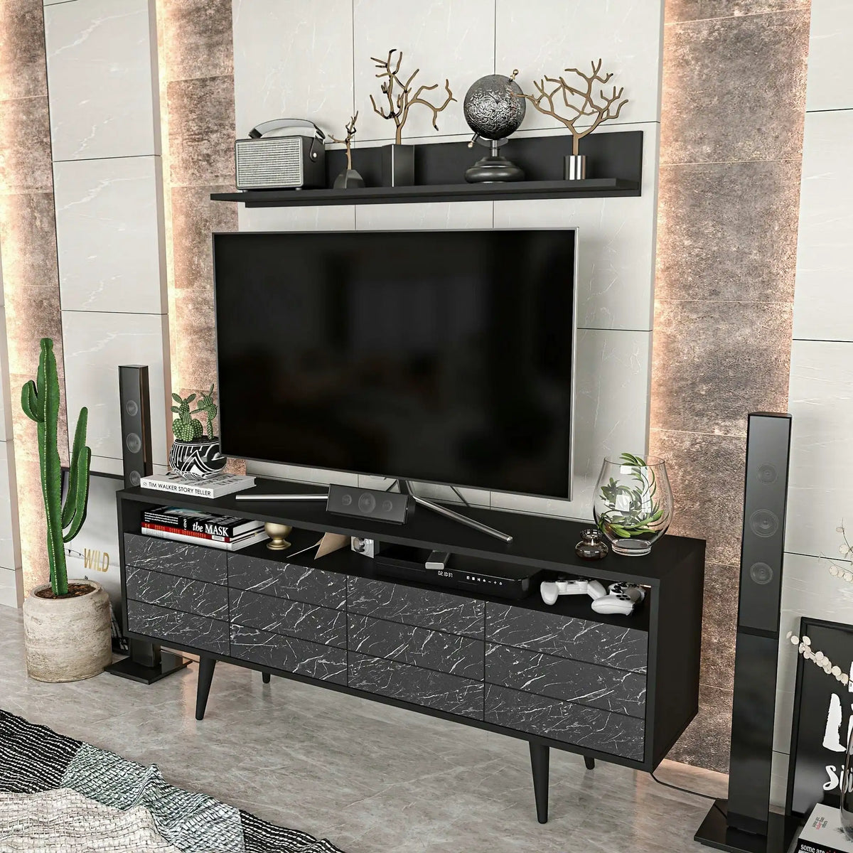 Mobilier living OLA, negru cu efect de marmura, PAL melaminat, 2 piese