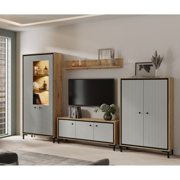 Mobilier living PARII A, stejar artisan/gri, PAL/sticla, cu iluminare LED, 4 piese, 308x37x196 cm