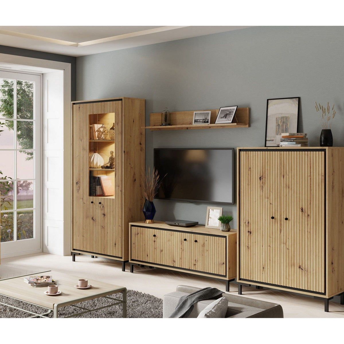 Mobilier living PARII A, stejar artisan, PAL/sticla, cu iluminare LED, 4 piese, 308x37x196 cm