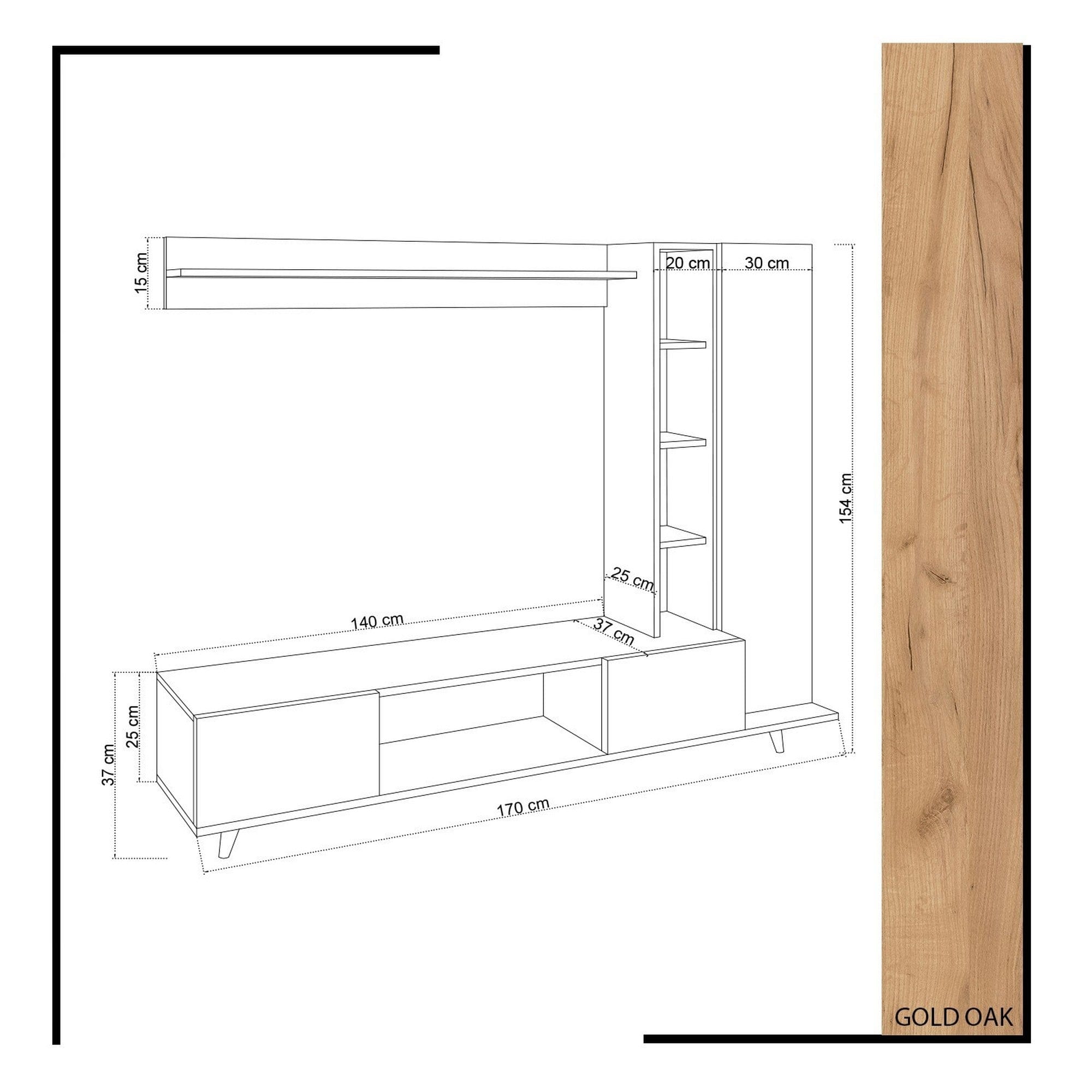 Mobilier living RAMBUTY, alb/stejar, PAL melaminat, 3 piese, 170x37x154 cm