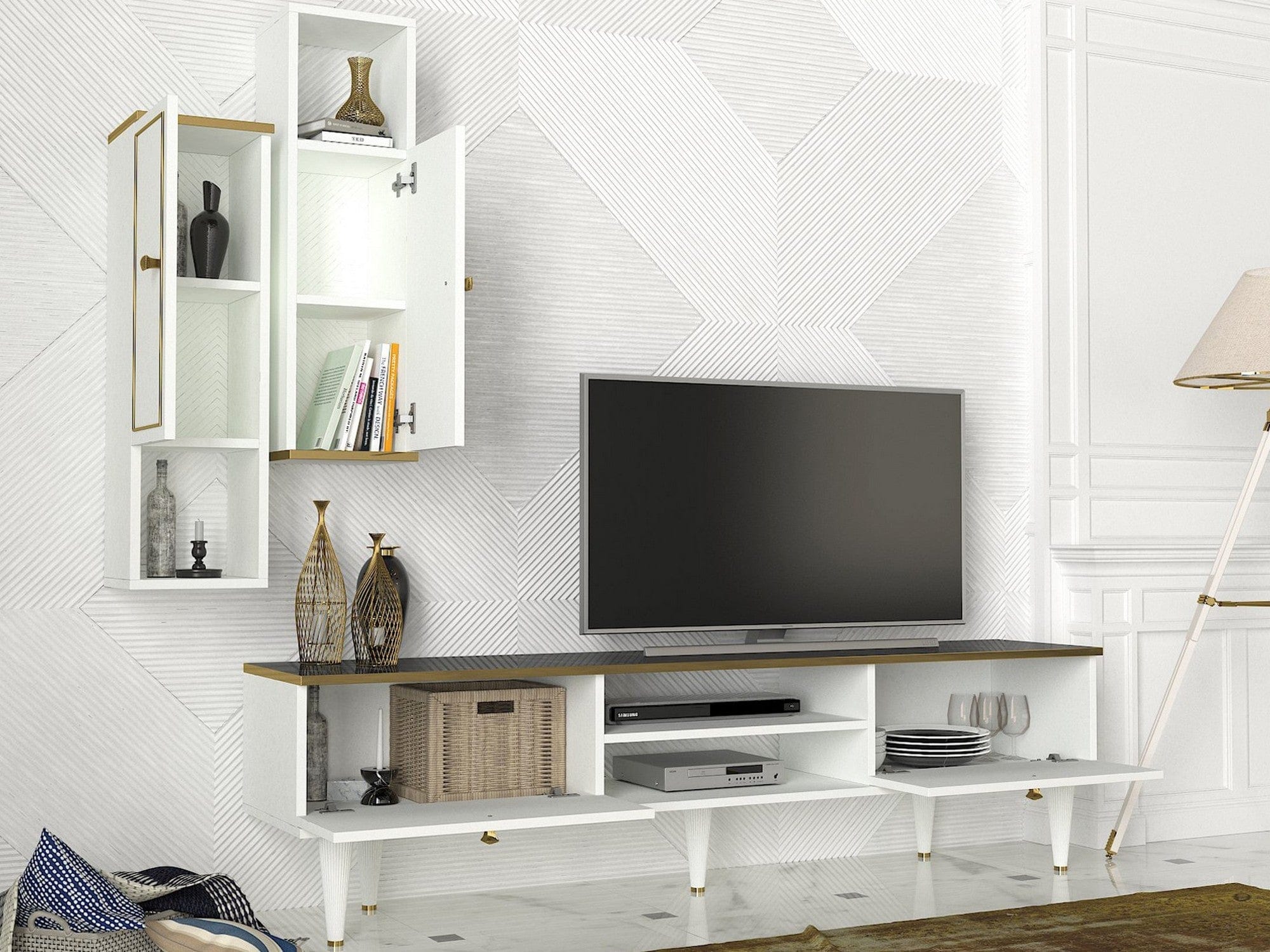 Mobilier living RAVENNA, alb/negru cu efect de marmura, PAL melaminat, 3 piese