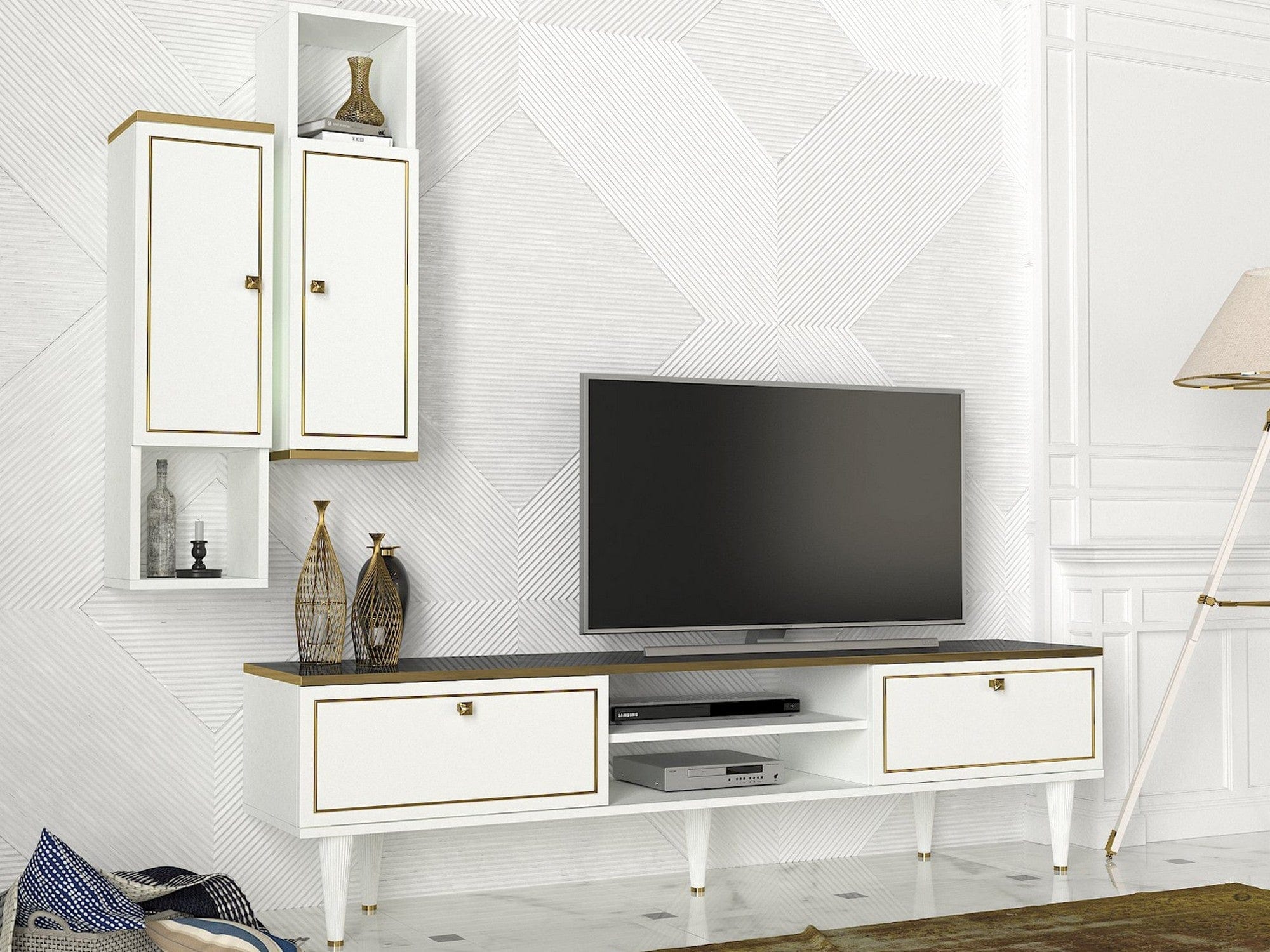 Mobilier living RAVENNA, alb/negru cu efect de marmura, PAL melaminat, 3 piese