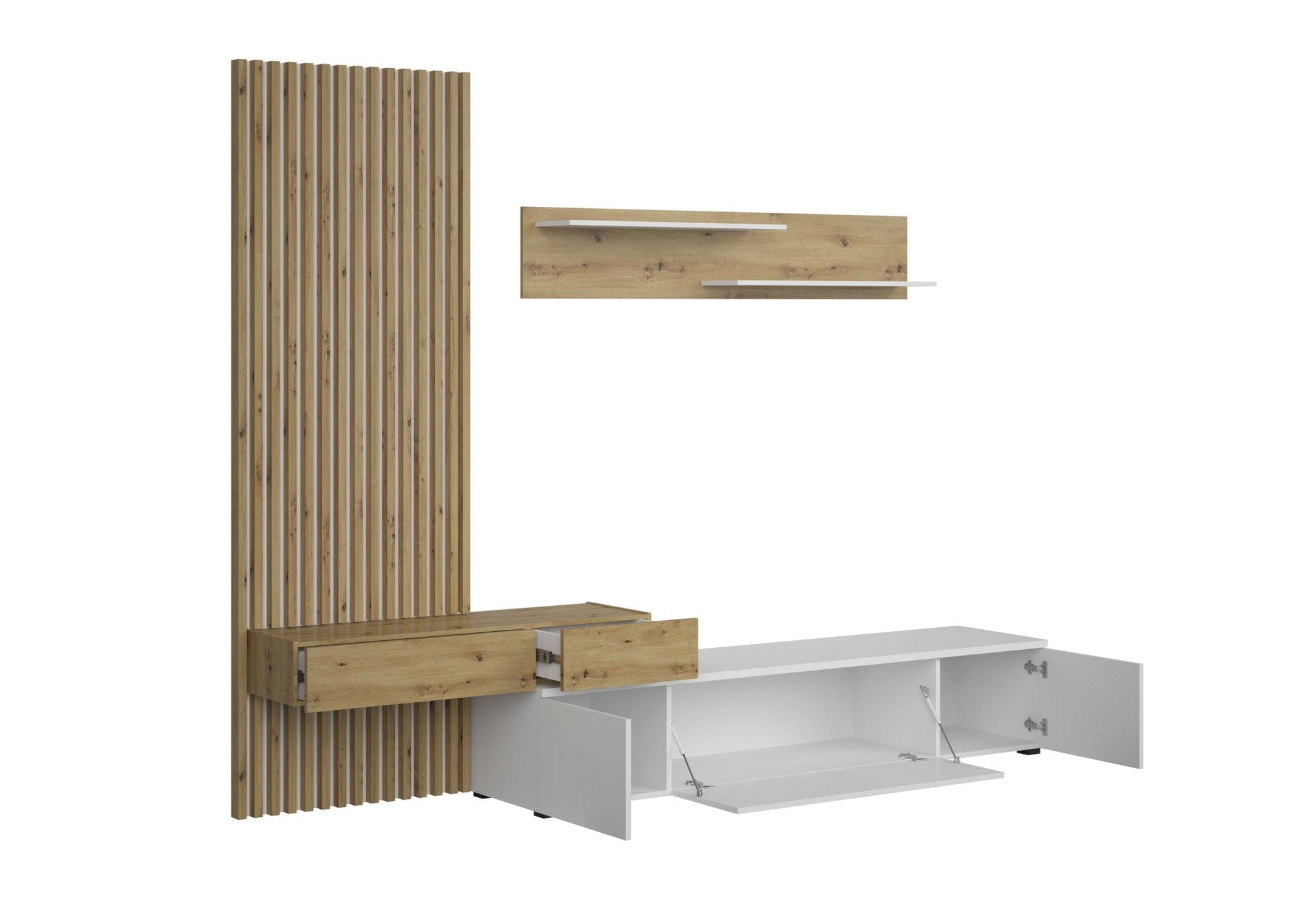 Mobilier living REBECA PLUS, stejar artisan/alb, PAL, 250x43x200 cm