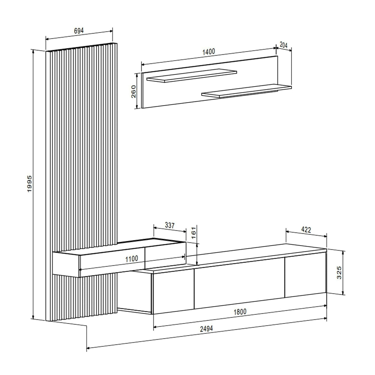 Mobilier living REBECA PLUS, stejar artisan/alb, PAL, 250x43x200 cm