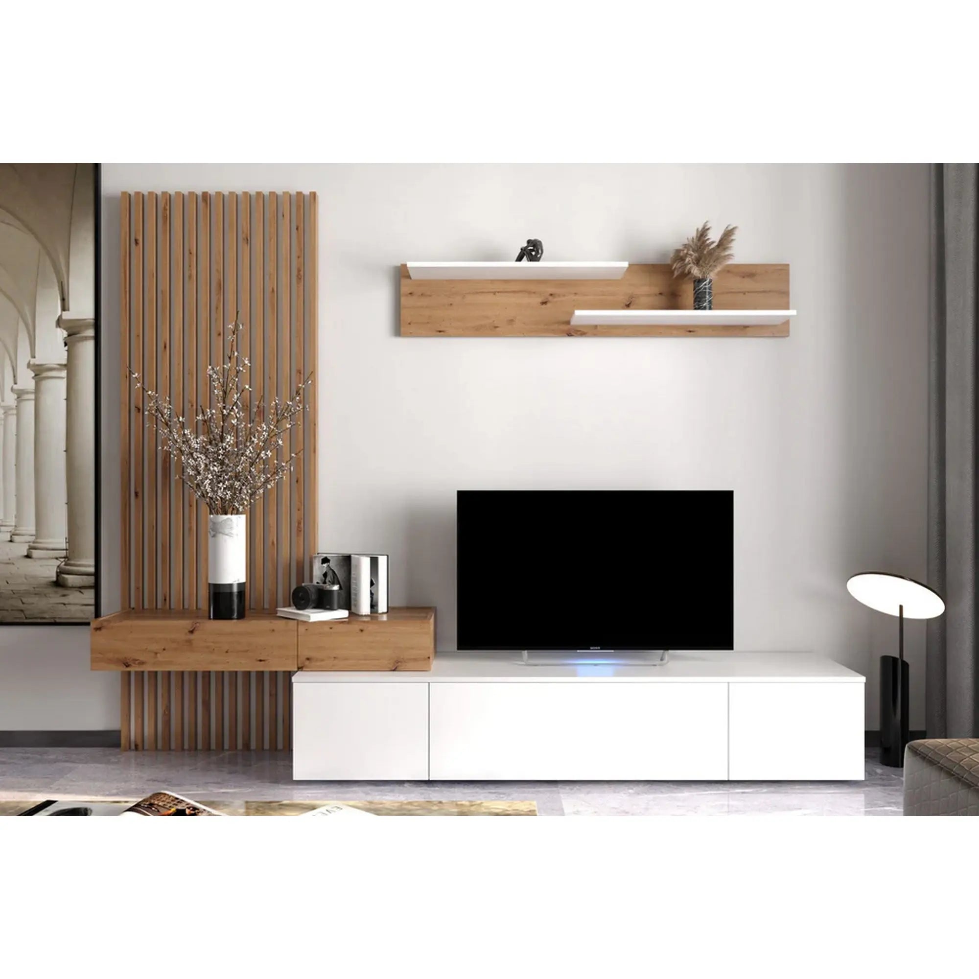 Mobilier living REBECA PLUS, stejar artisan/alb, PAL, 250x43x200 cm