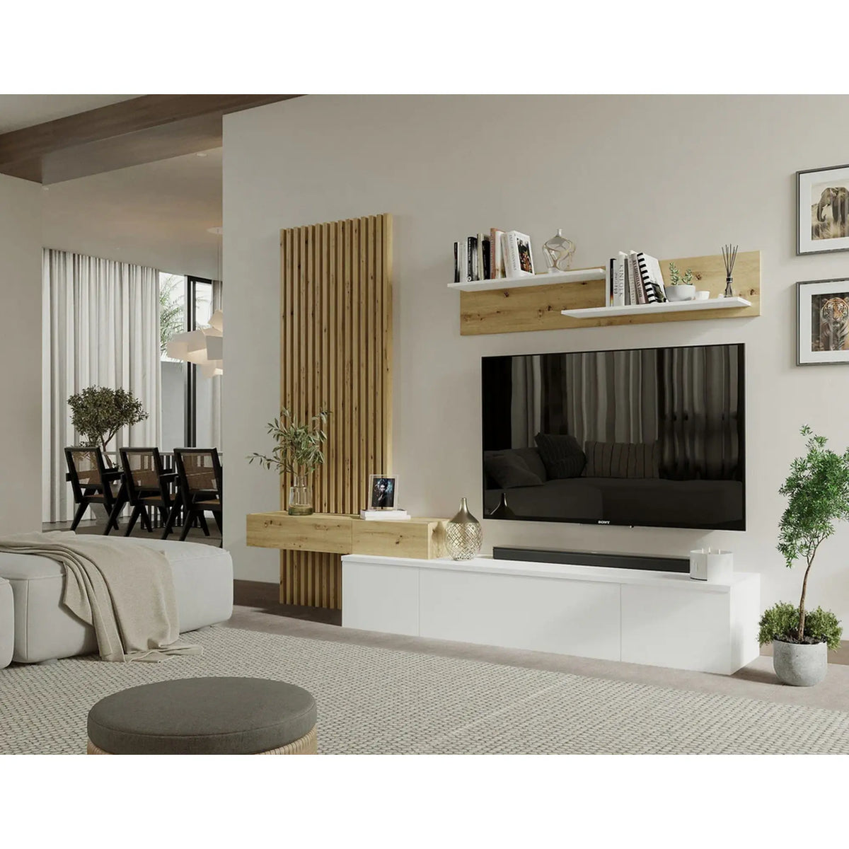 Mobilier living REBECA PLUS, stejar artisan/alb, PAL, 250x43x200 cm