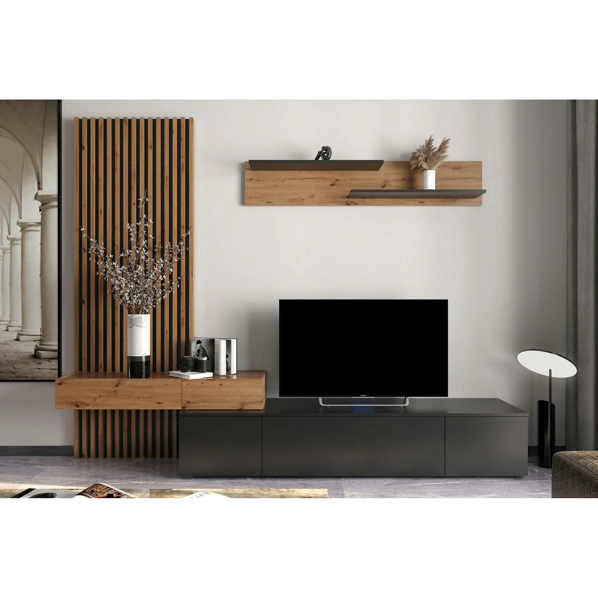 Mobilier living REBECA PLUS, stejar artisan/negru, PAL, 250x43x200 cm