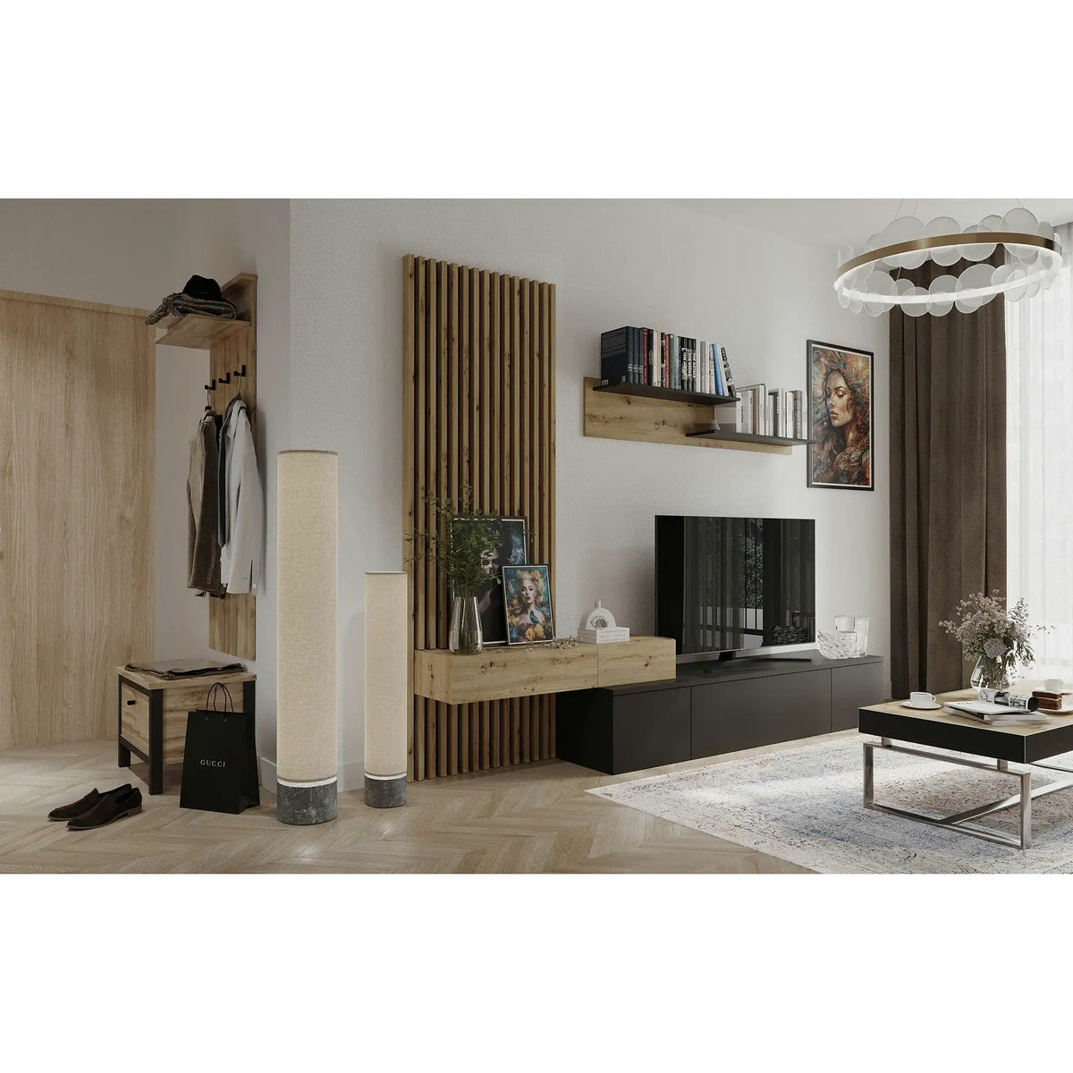 Mobilier living REBECA PLUS, stejar artisan/negru, PAL, 250x43x200 cm