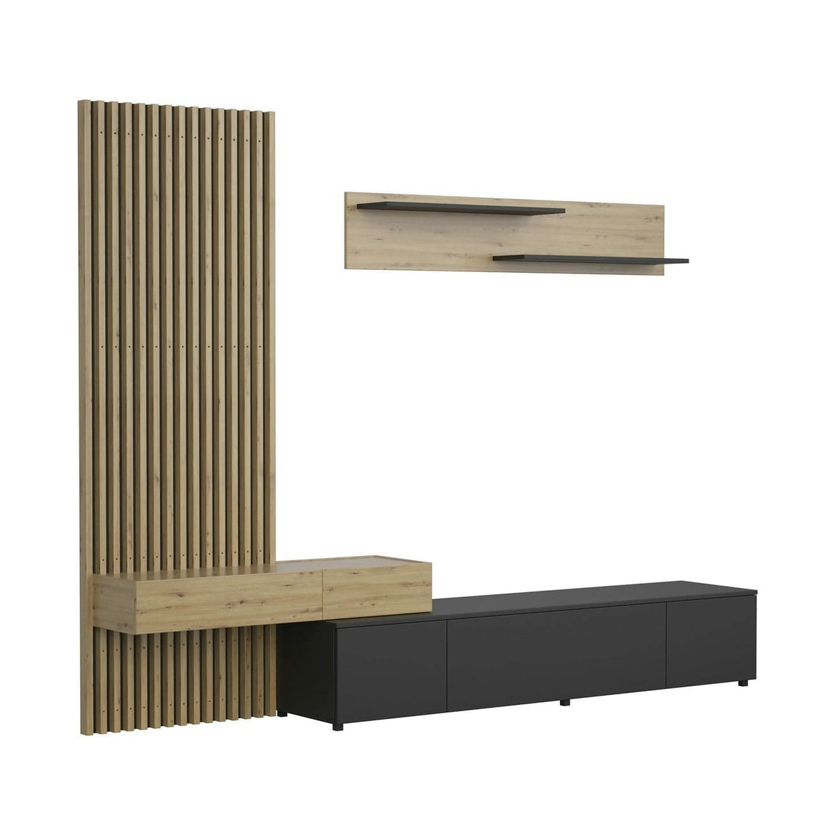Mobilier living REBECA PLUS, stejar artisan/negru, PAL, 250x43x200 cm