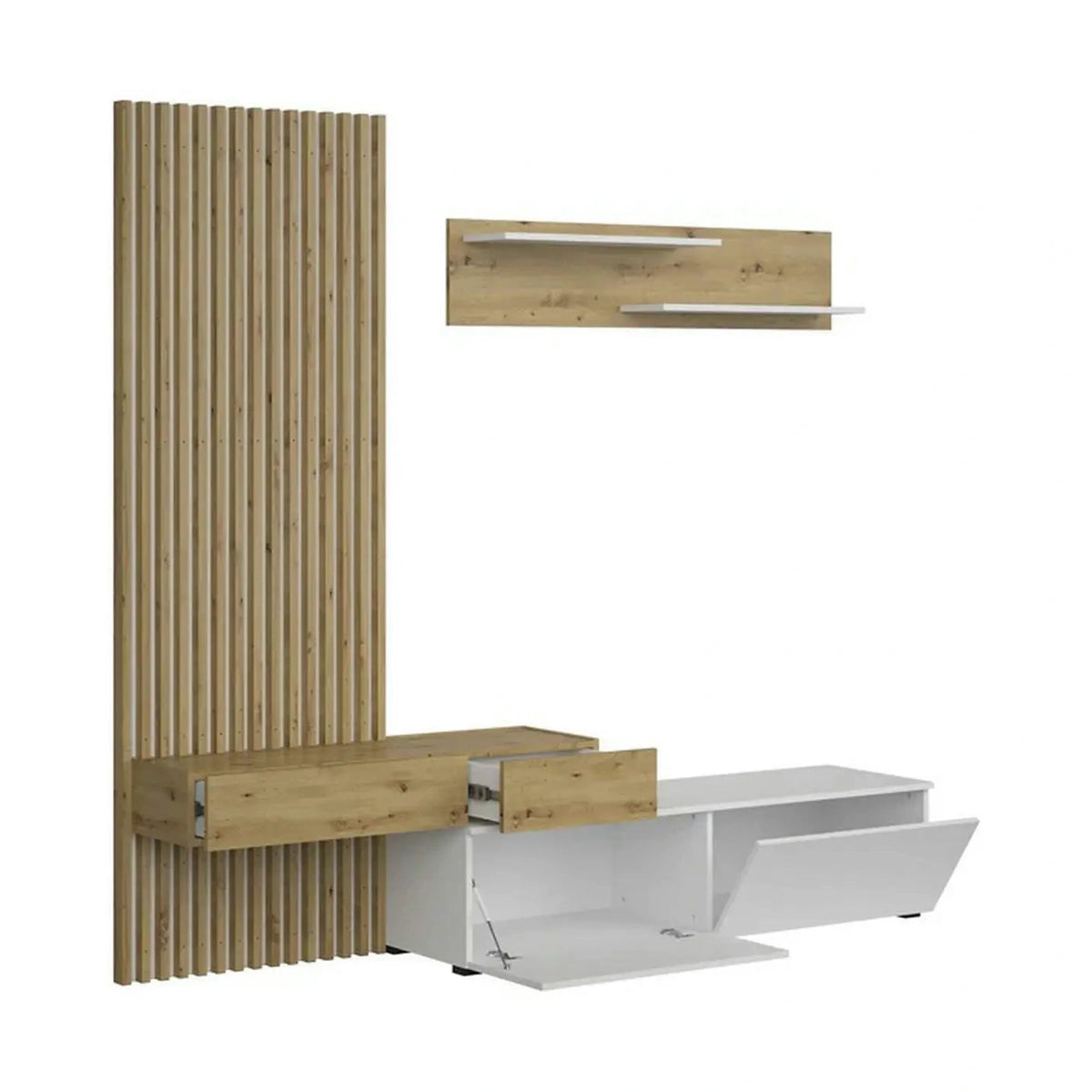 Mobilier living REBECA, stejar artisan/alb, PAL, 210x43x200 cm