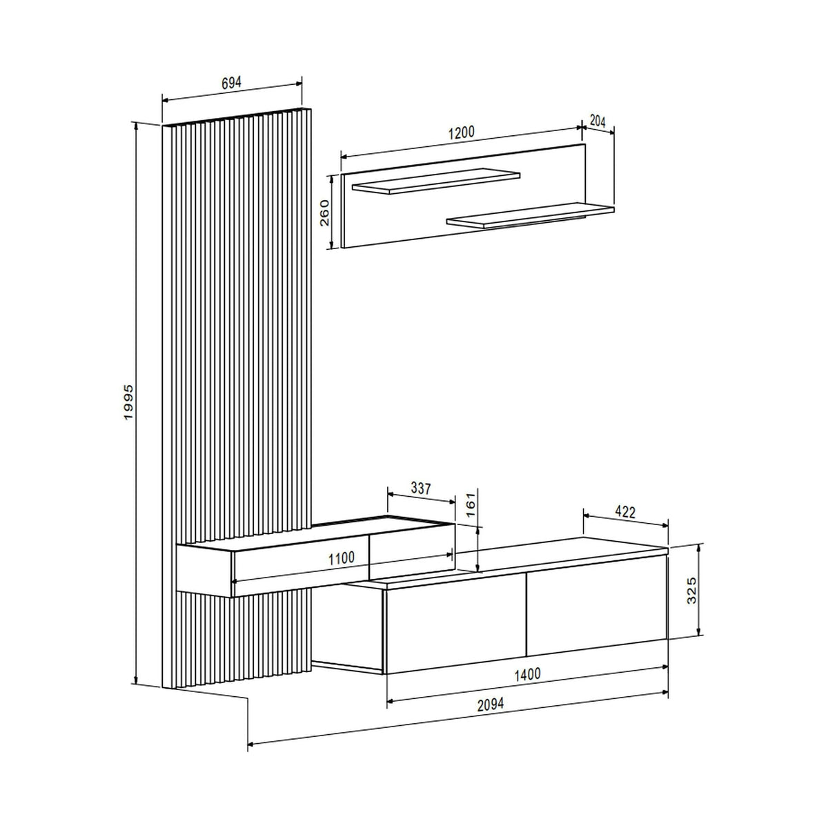 Mobilier living REBECA, stejar artisan/alb, PAL, 210x43x200 cm