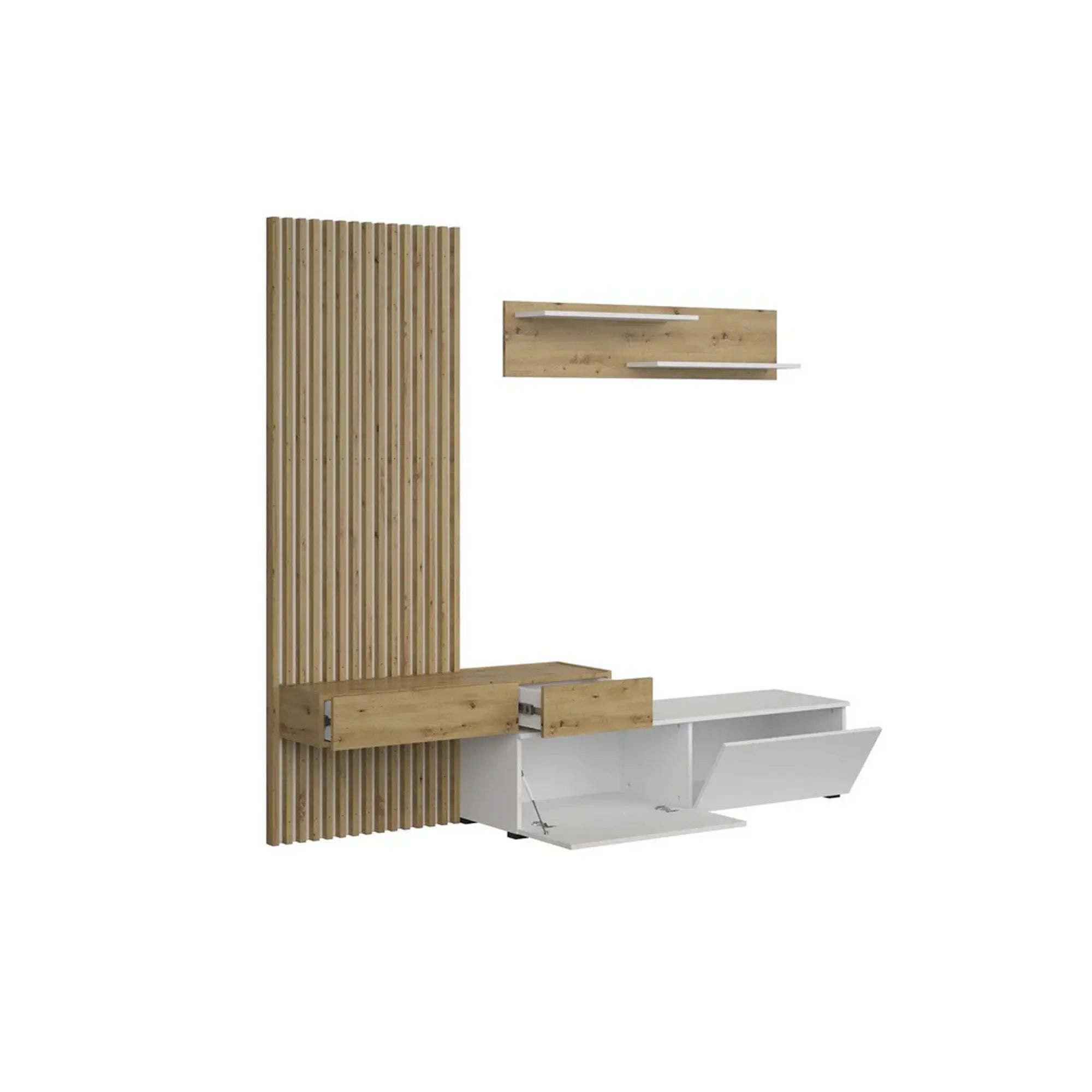 Mobilier living REBECA, stejar artisan/alb, PAL, 210x43x200 cm