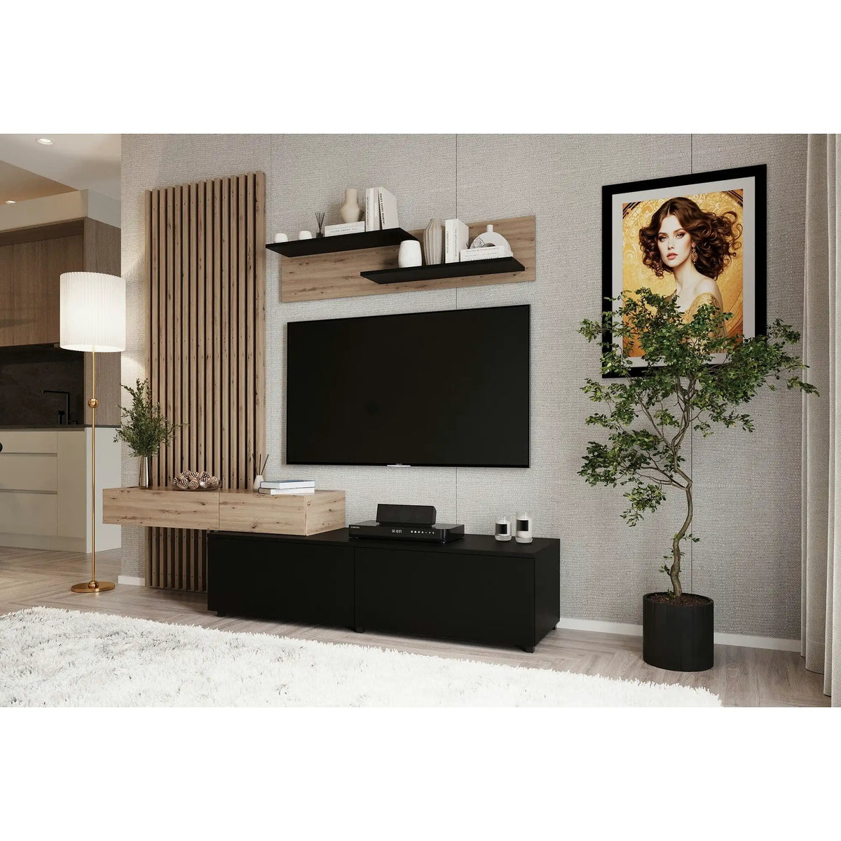 Mobilier living REBECA, stejar artisan/negru, PAL, 210x43x200 cm