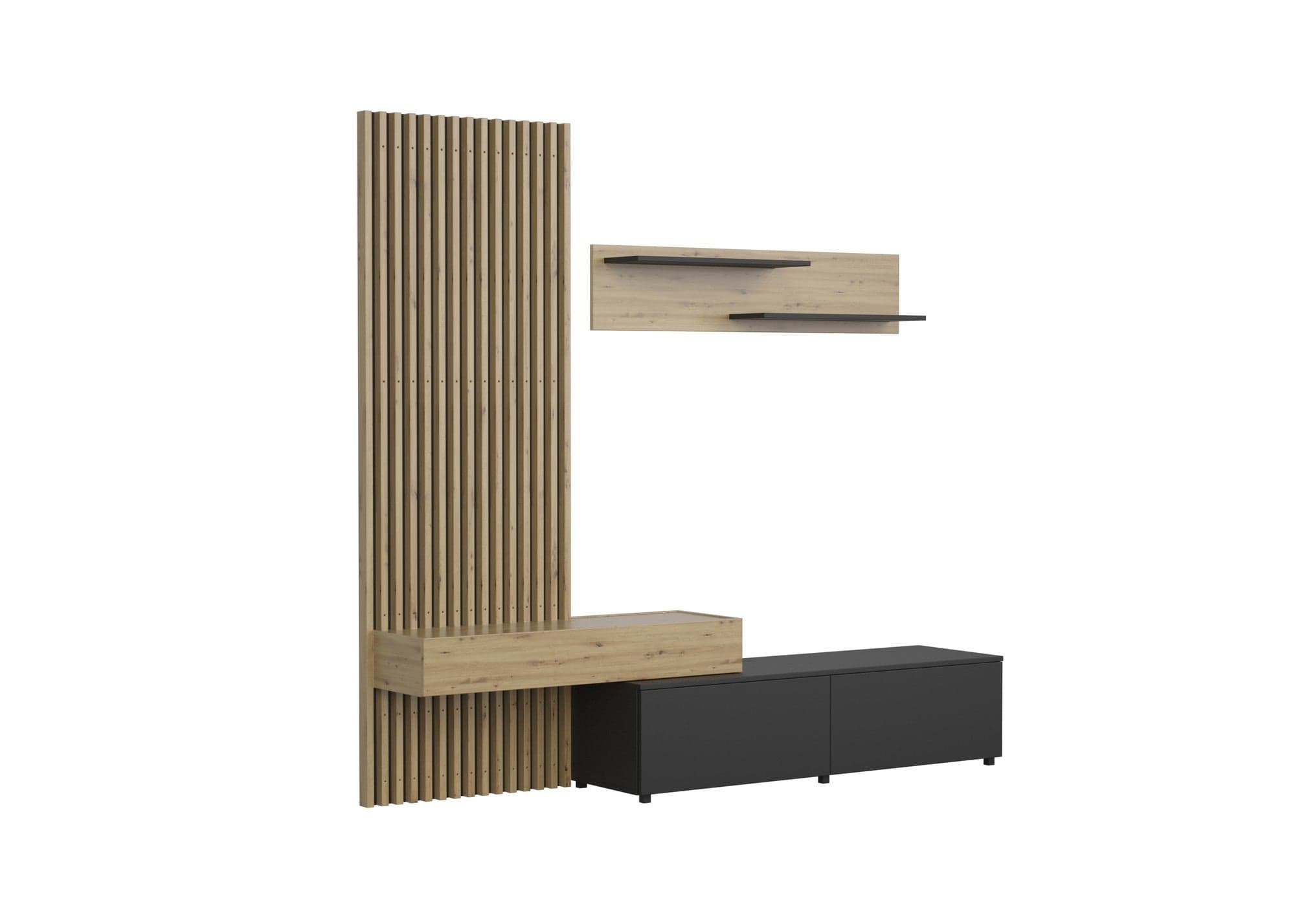 Mobilier living REBECA, stejar artisan/negru, PAL, 210x43x200 cm