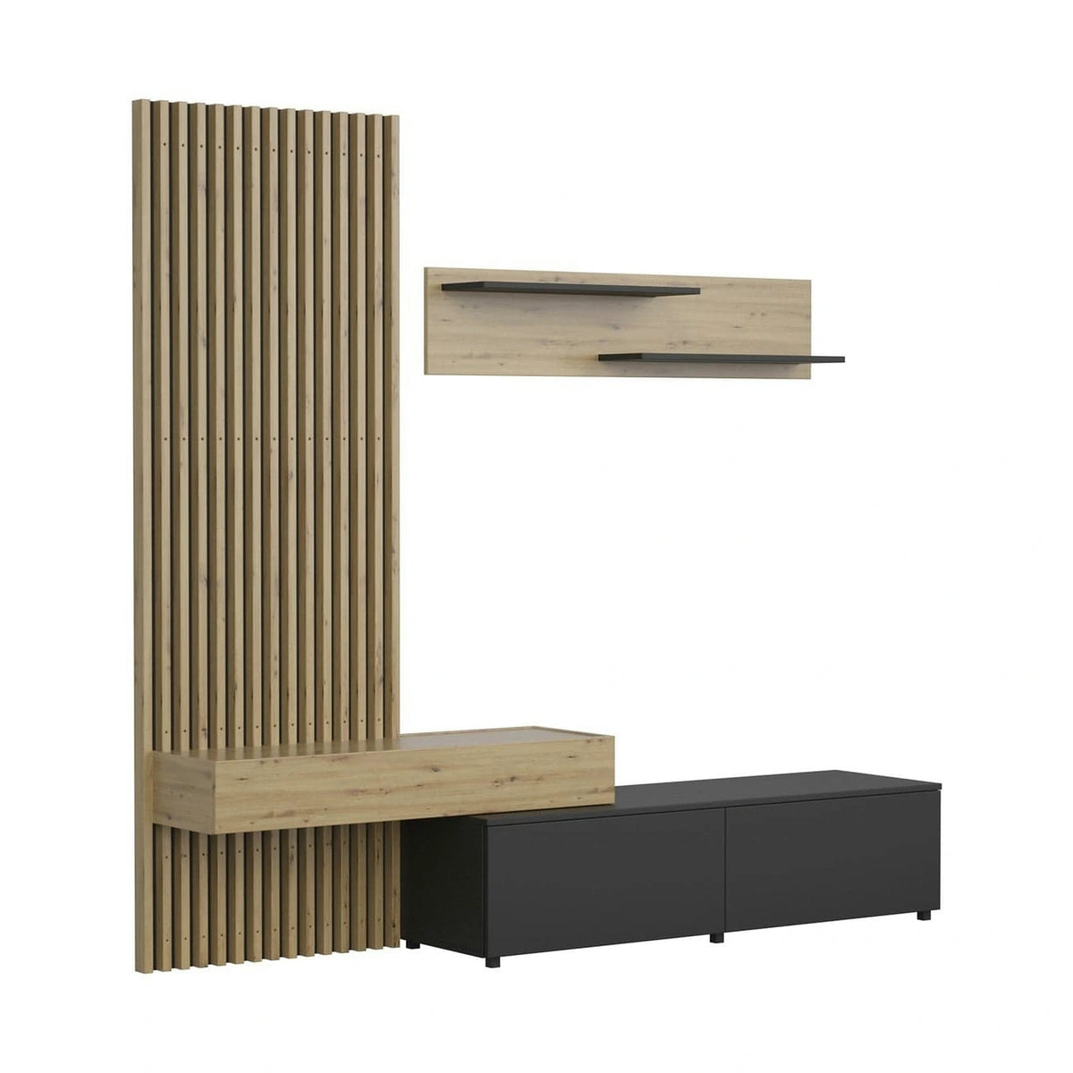 Mobilier living REBECA, stejar artisan/negru, PAL, 210x43x200 cm