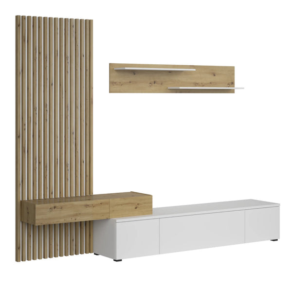 Mobilier living REBEKA, stejar artisan/alb, PAL melaminat, 4 piese, 250x42x200 cm