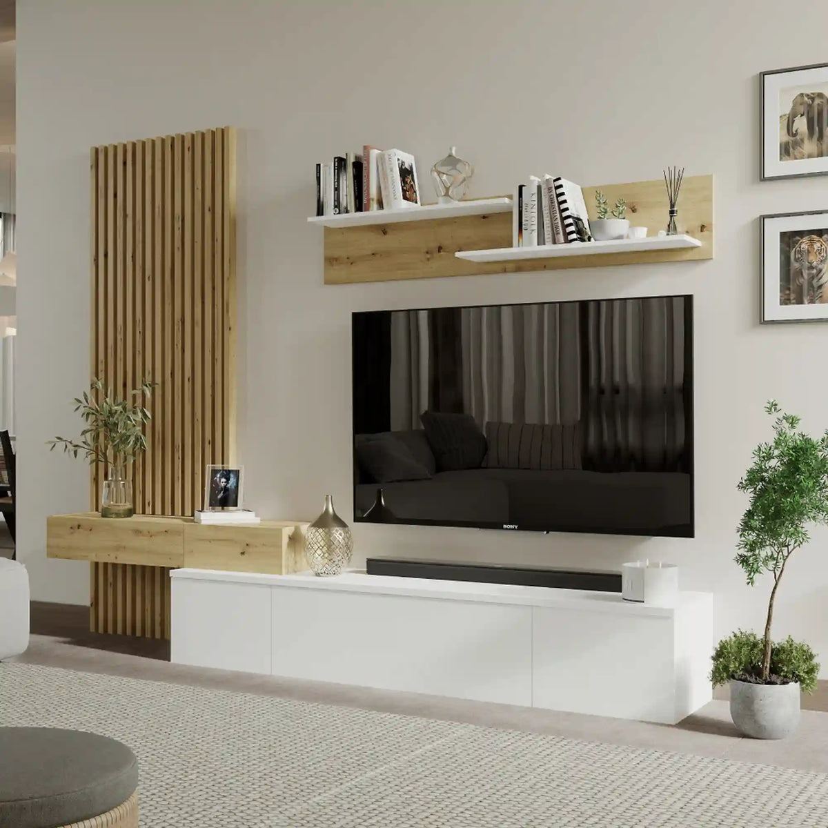 Mobilier living REBEKA, stejar artisan/alb, PAL melaminat, 4 piese, 250x42x200 cm