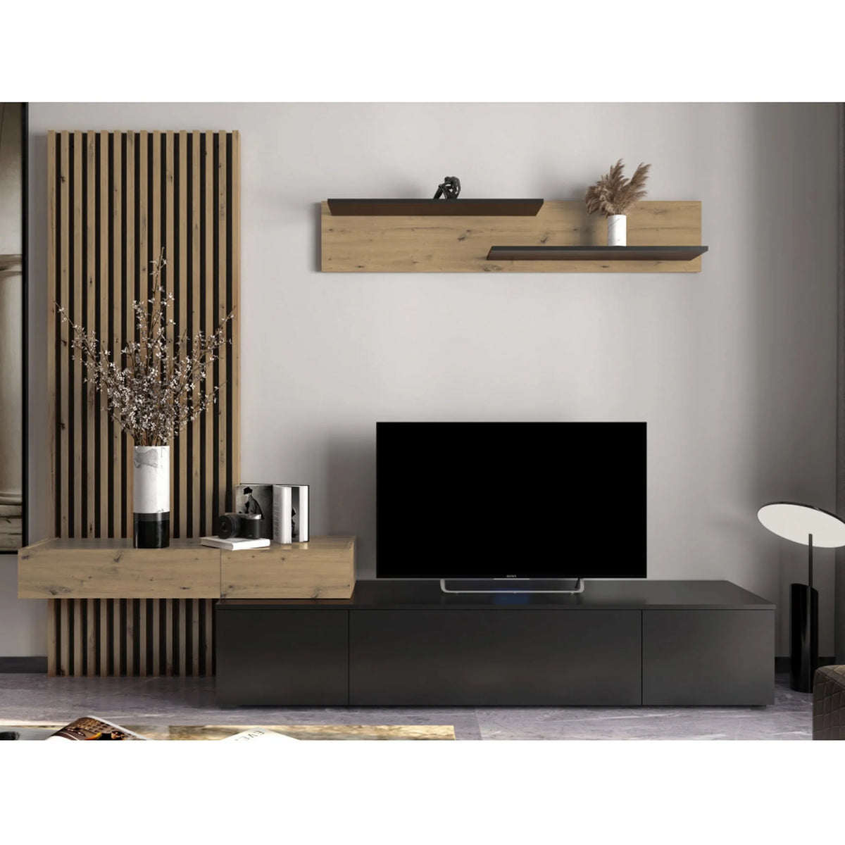 Mobilier living REBEKA, stejar artisan/negru, PAL melaminat, 4 piese, 250x42x200 cm