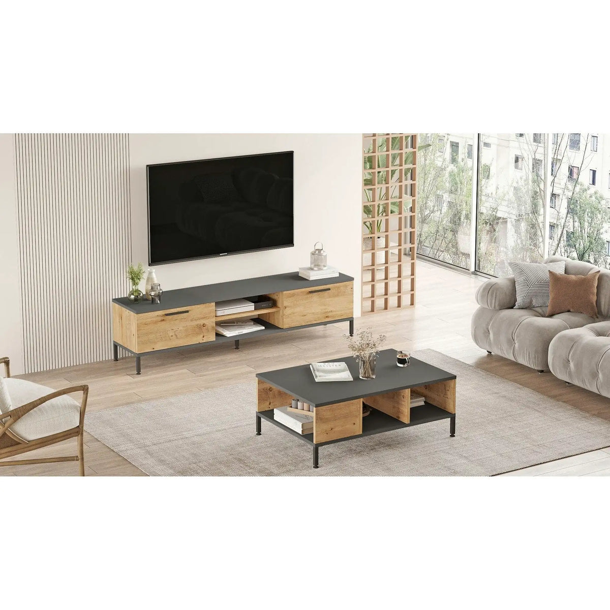 Mobilier living RL5-AA, stejar/gri antracit, PAL melaminat/metal, 2 piese