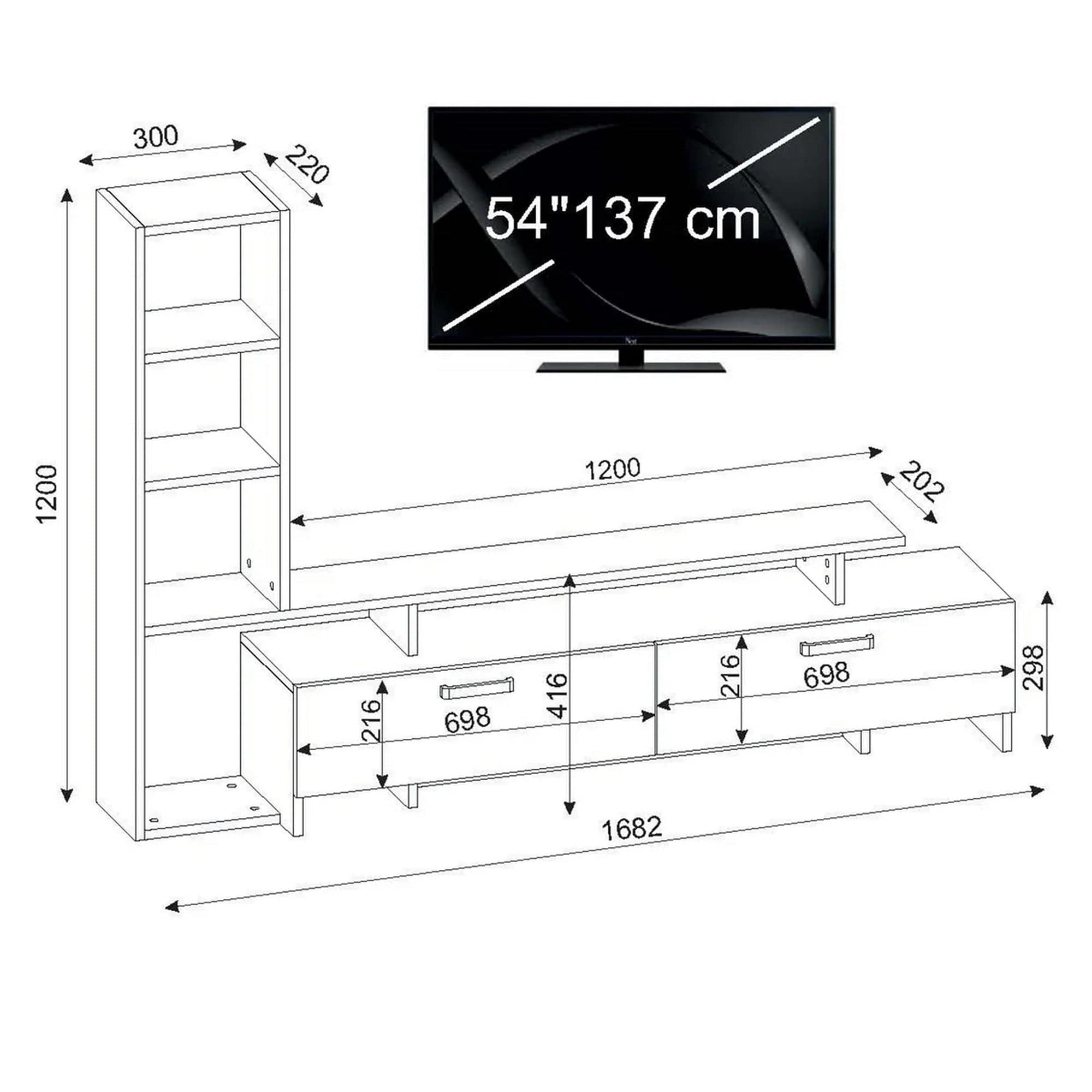 Mobilier living SIMAL, alb/stejar deschis, PAL melaminat, 2 piese