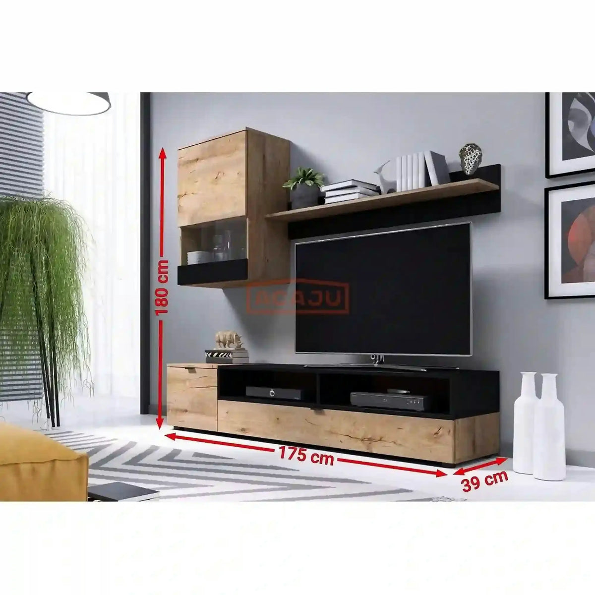 Mobilier living SNAP, stejar lefkas/negru mat, PAL, 3 piese, 175x39x180 cm
