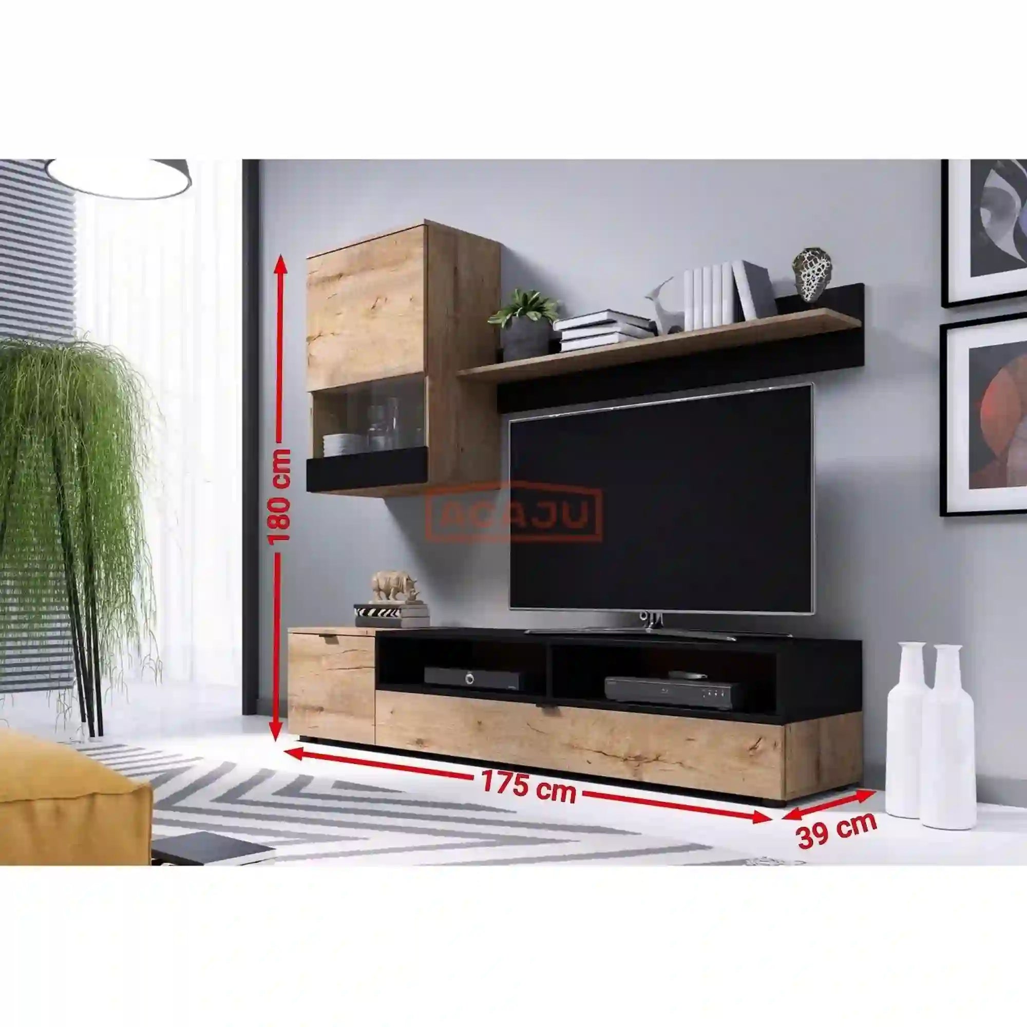 Mobilier living SNAP, stejar lefkas/negru mat, PAL, 3 piese, 175x39x180 cm