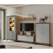 Mobilier living sufragerie PARII A, stejar artisan/gri, PAL/sticla, cu iluminare LED, 4 piese, 308x37x196 cm