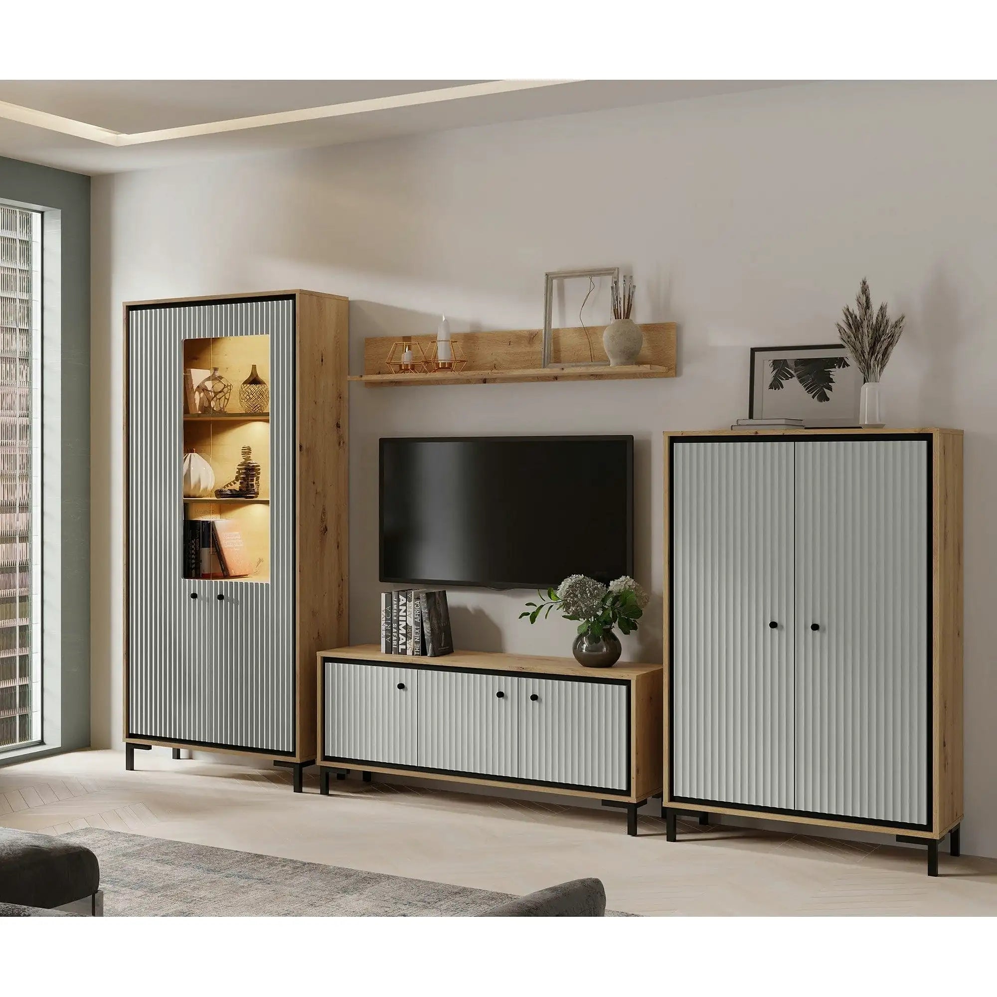 Mobilier living sufragerie PARII A, stejar artisan/gri, PAL/sticla, cu iluminare LED, 4 piese, 308x37x196 cm