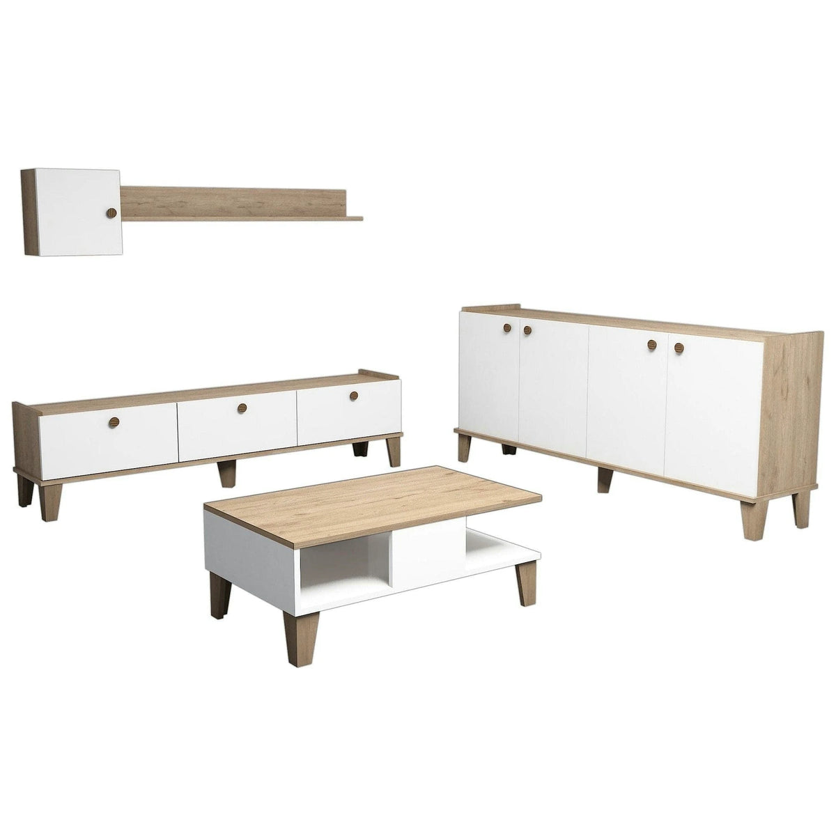 Mobilier living SUMER G7020, alb/stejar, PAL melaminat, 4 piese