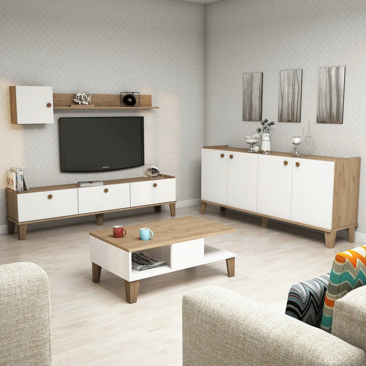 Mobilier living SUMER G7020, alb/stejar, PAL melaminat, 4 piese