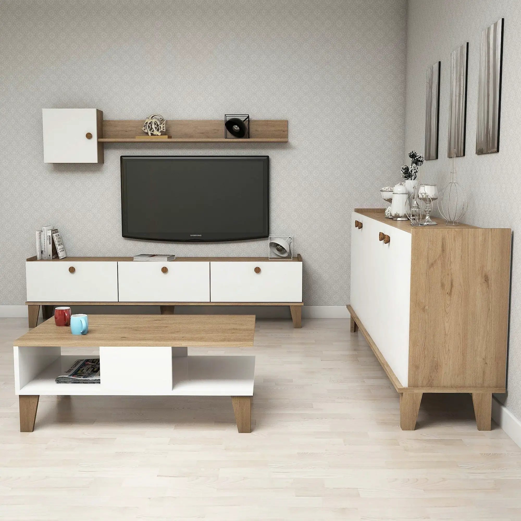 Mobilier living SUMER G7020, alb/stejar, PAL melaminat, 4 piese