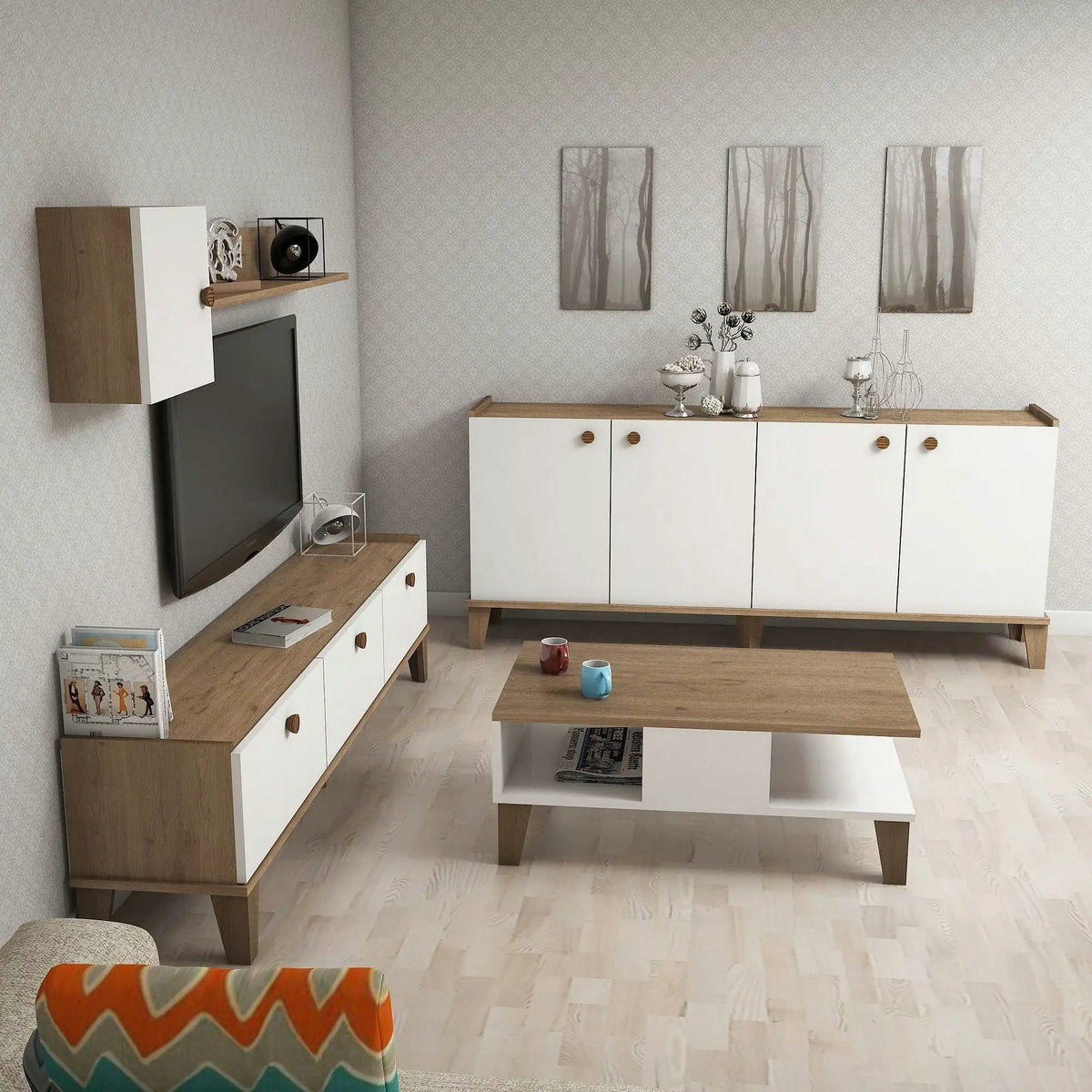 Mobilier living SUMER G7020, alb/stejar, PAL melaminat, 4 piese