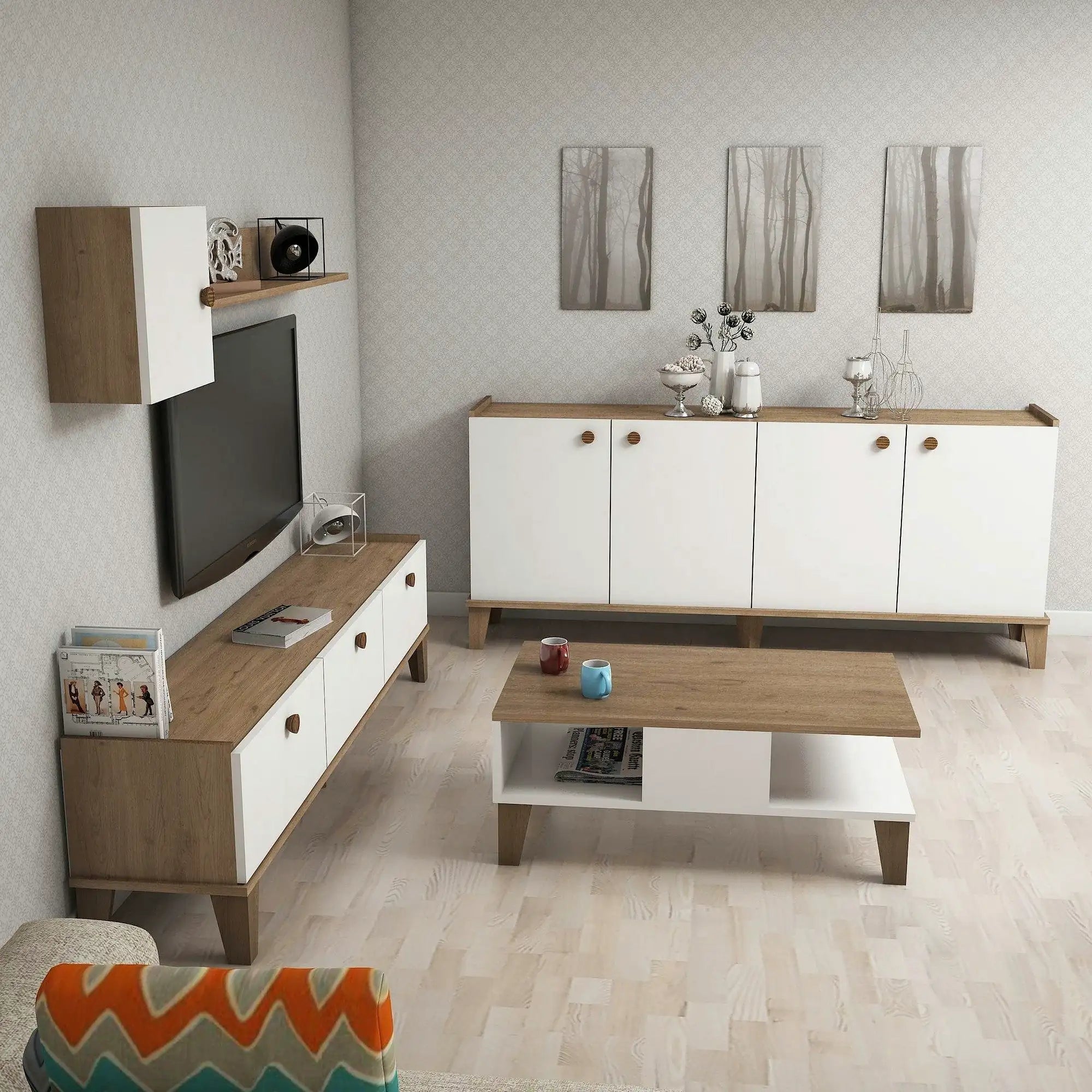 Mobilier living SUMER G7020, alb/stejar, PAL melaminat, 4 piese