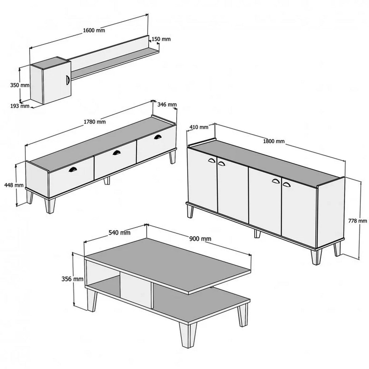 Mobilier living SUMER G7020, alb/stejar, PAL melaminat, 4 piese