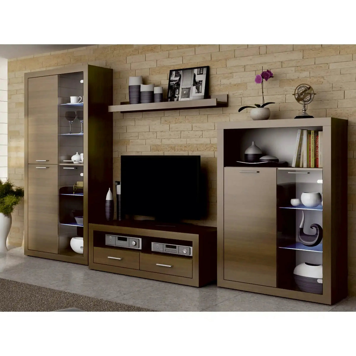 Mobilier living TOGO 2, nuc, PAL melaminat, cu iluminare LED, 4 piese, 304x49x194 cm