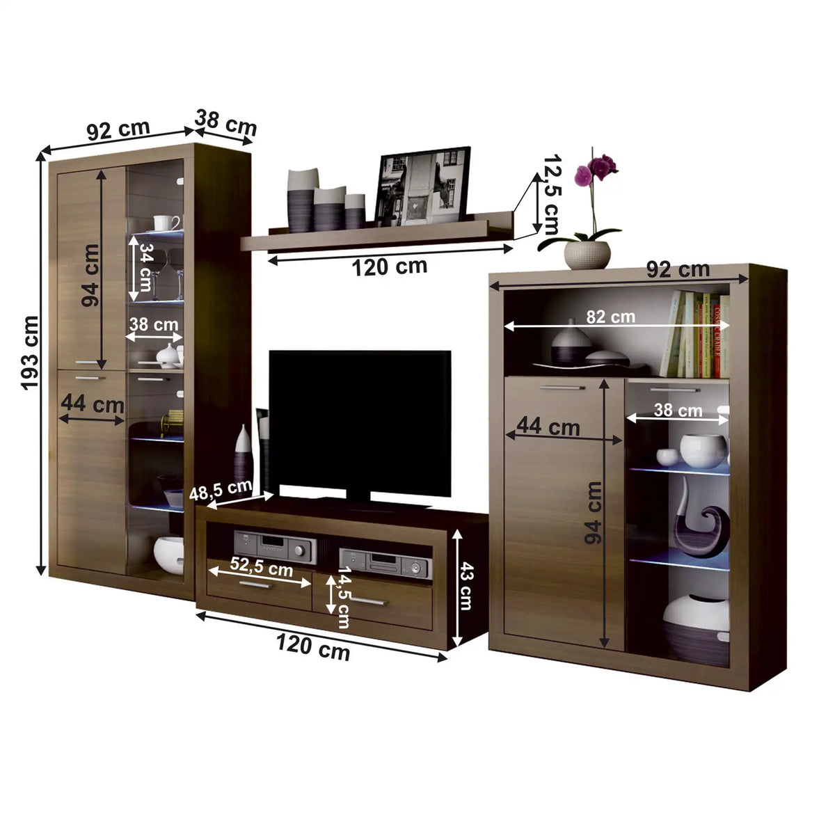 Mobilier living TOGO 2, nuc, PAL melaminat, cu iluminare LED, 4 piese, 304x49x194 cm